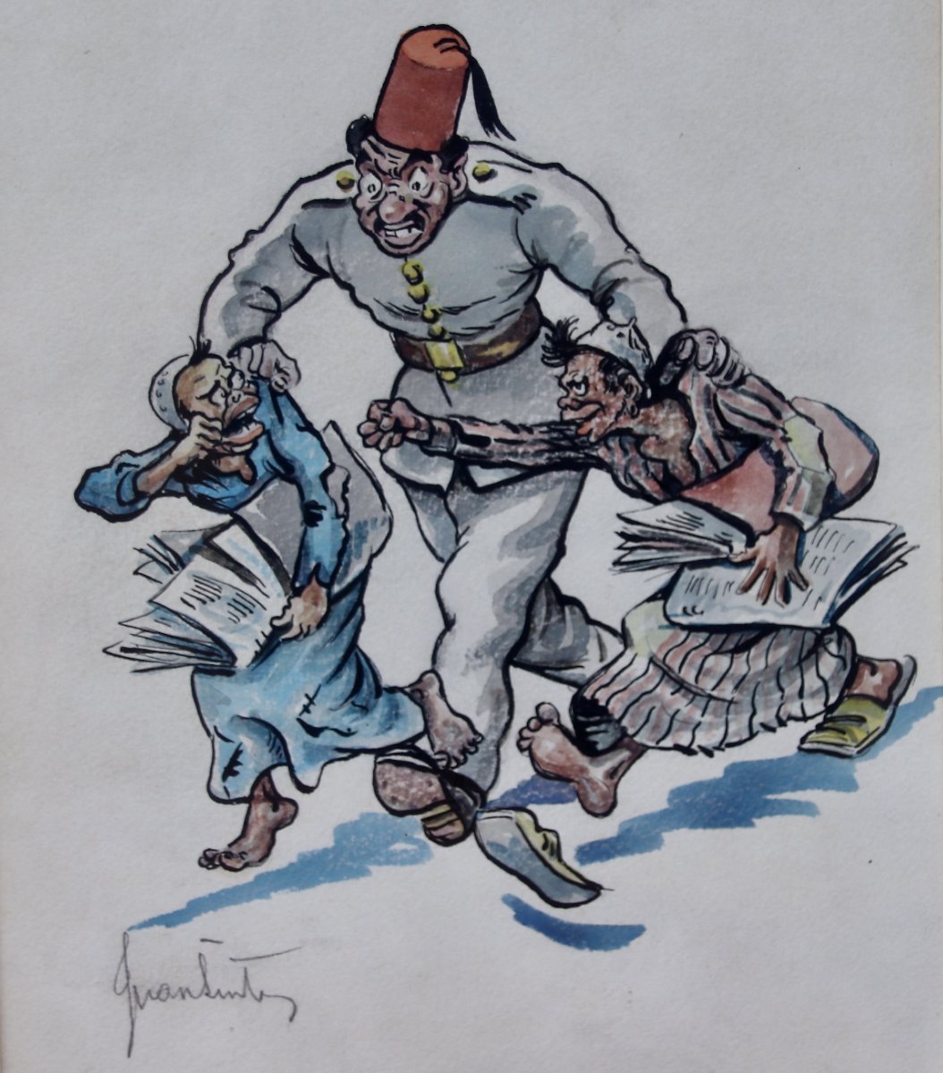 Aquarelle caricature les vendeurs de journaux réprimandés par Juan SINTES -photo-2