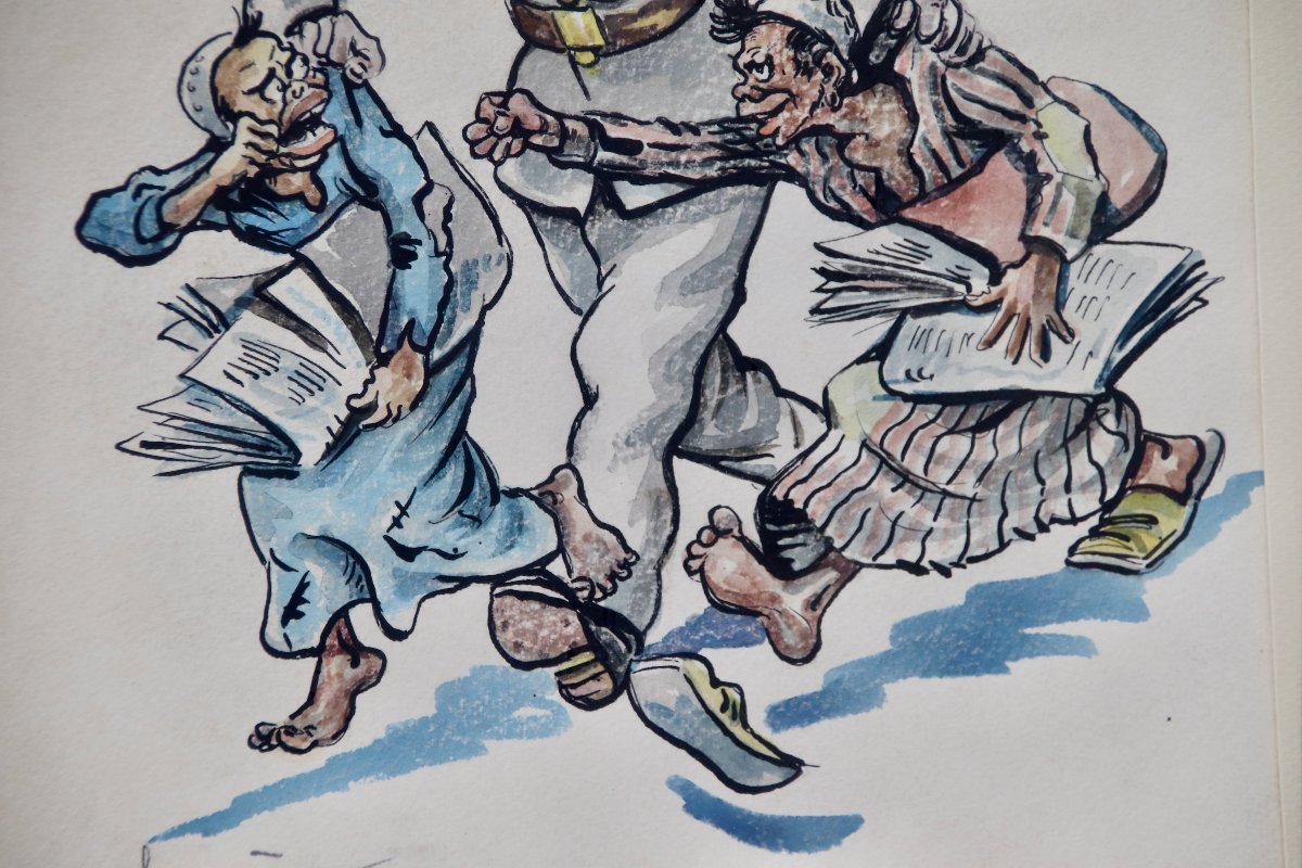 Aquarelle caricature les vendeurs de journaux réprimandés par Juan SINTES -photo-3