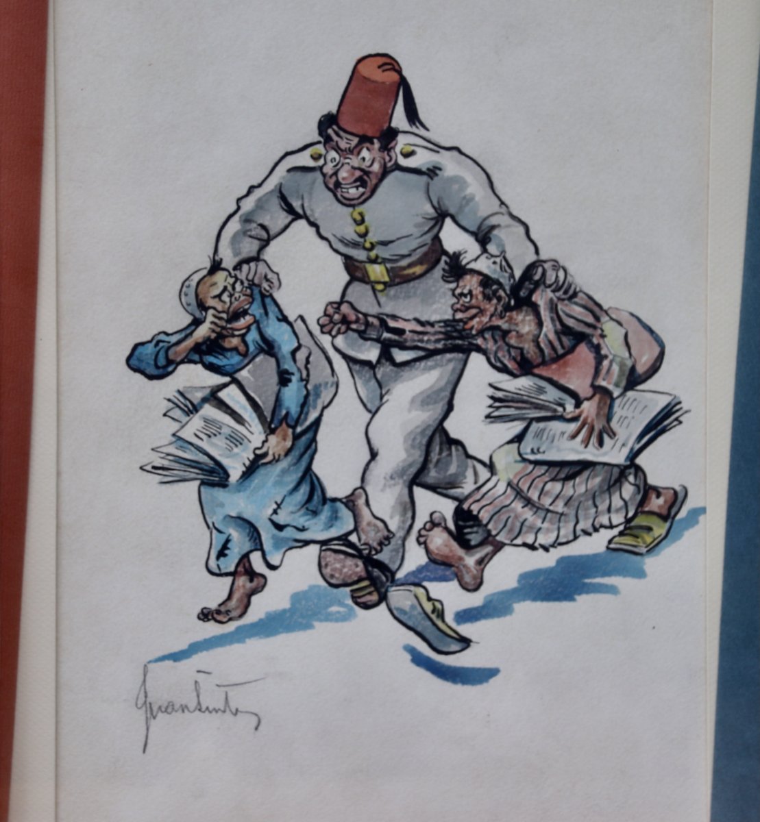 Aquarelle caricature les vendeurs de journaux réprimandés par Juan SINTES -photo-1