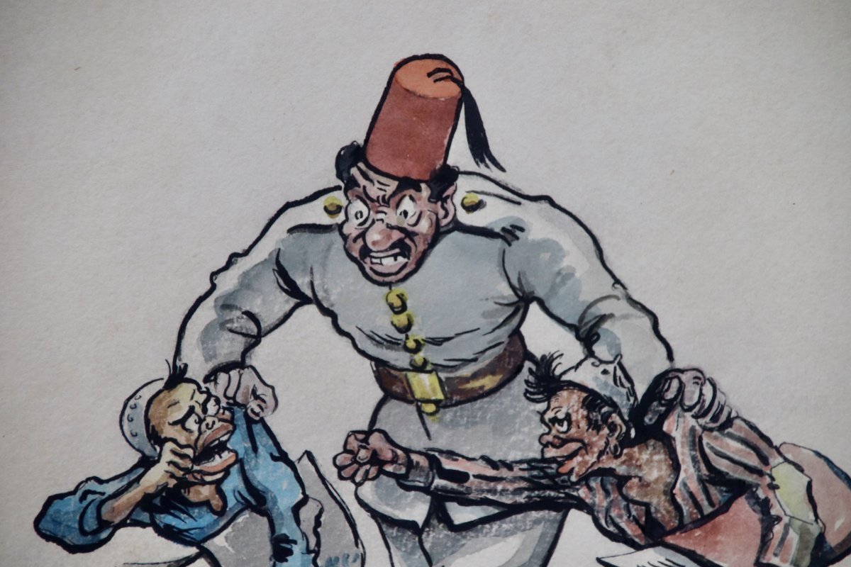 Aquarelle caricature les vendeurs de journaux réprimandés par Juan SINTES -photo-2