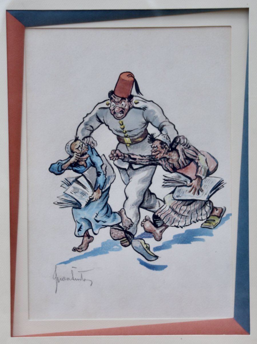 Aquarelle caricature les vendeurs de journaux réprimandés par Juan SINTES -photo-3