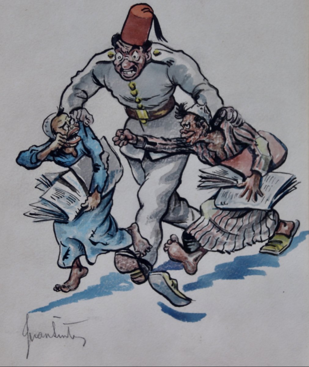 Aquarelle caricature les vendeurs de journaux réprimandés par Juan SINTES -photo-6