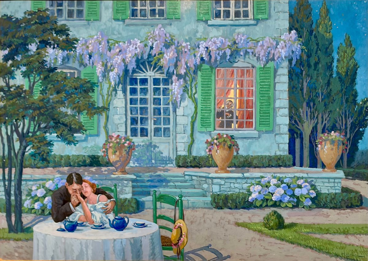 gouache sur carton "diner romantique" d'henri-pierre LEJEUNE-photo-3