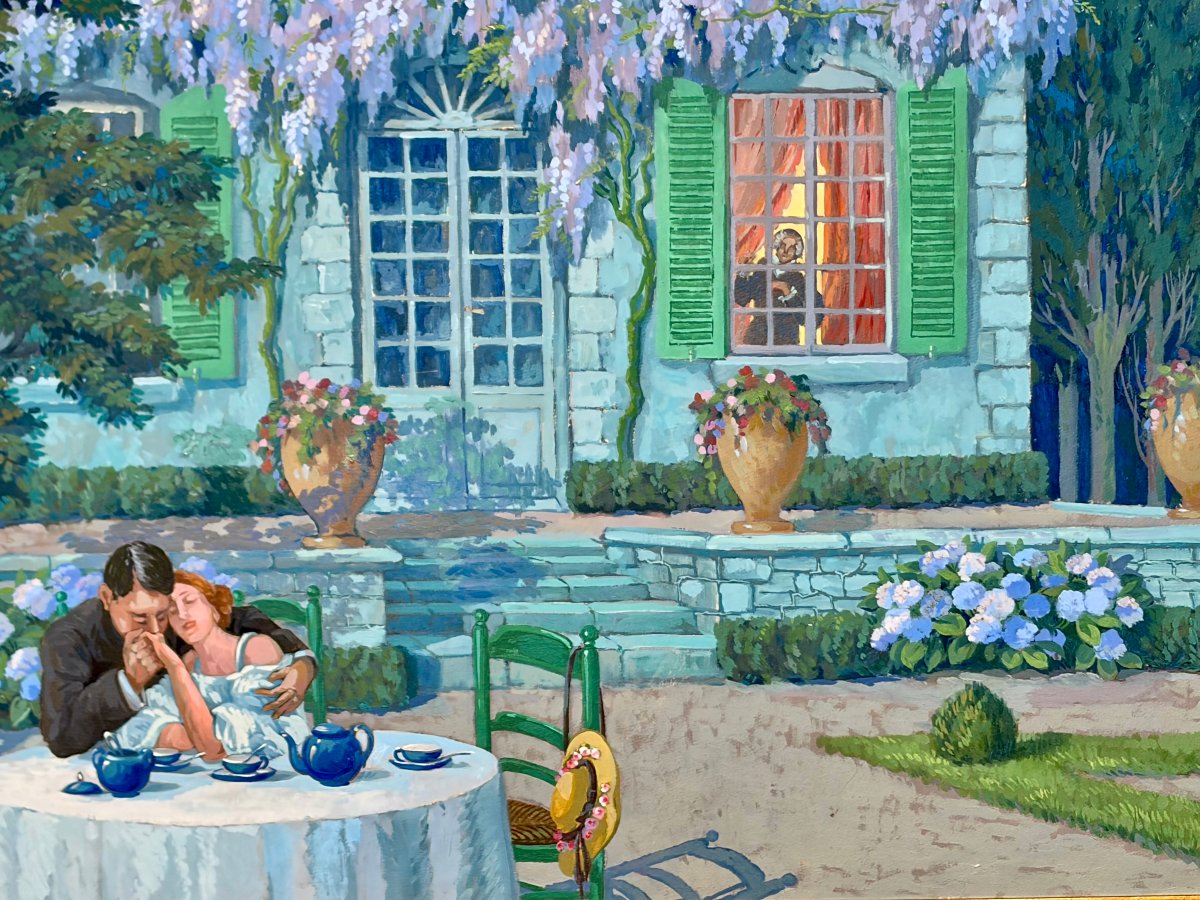gouache sur carton "diner romantique" d'henri-pierre LEJEUNE-photo-4