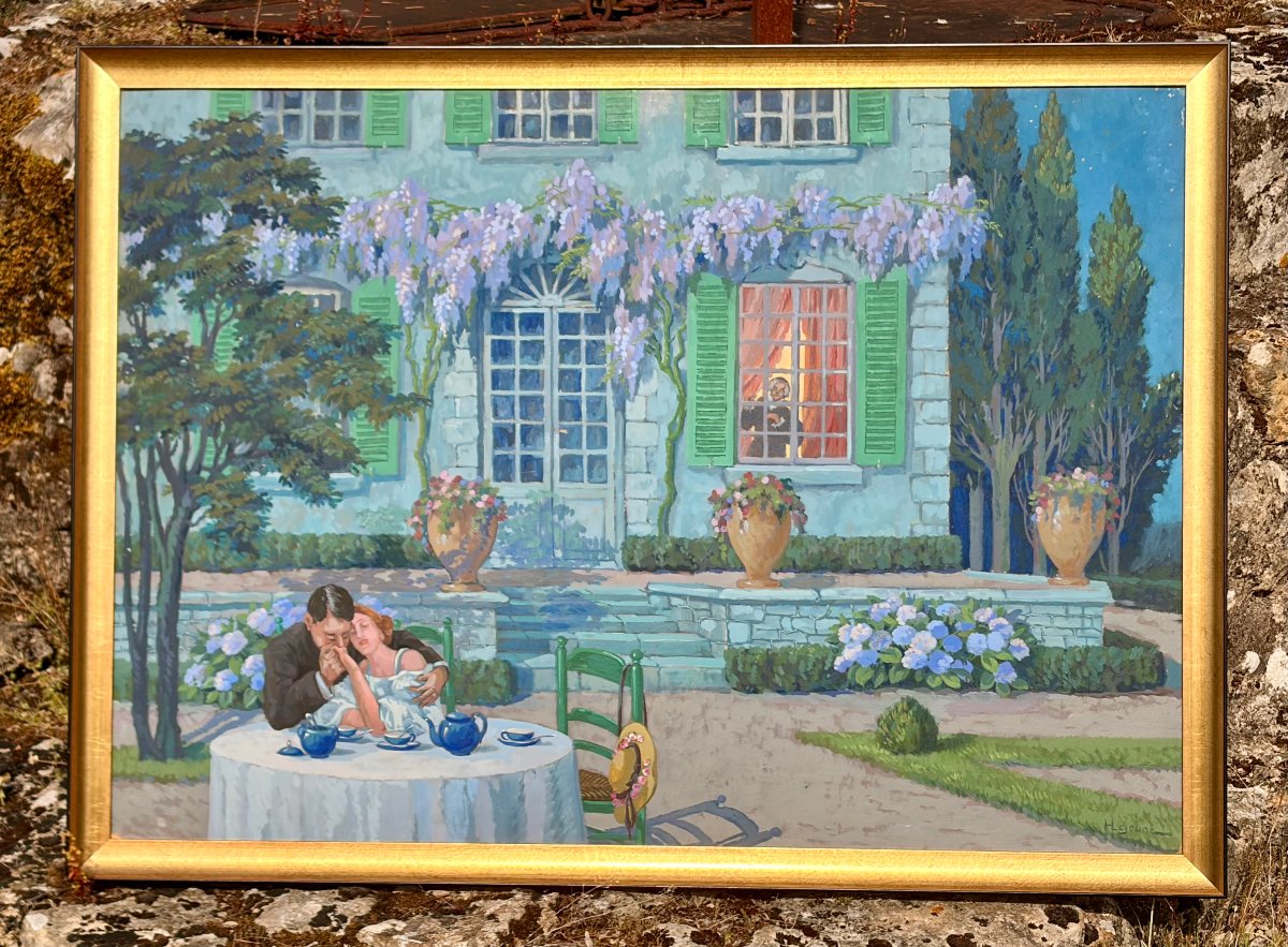 gouache sur carton "diner romantique" d'henri-pierre LEJEUNE