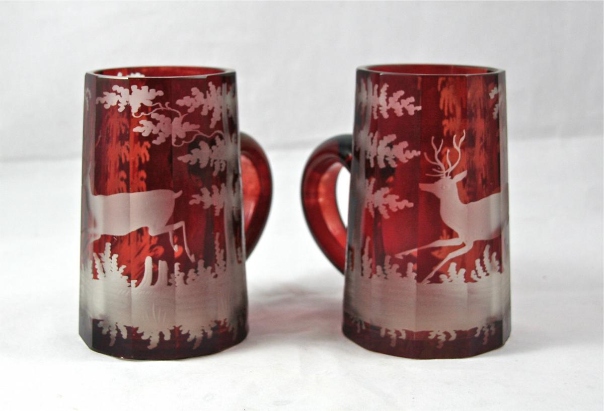 Pair Of XIXth Steins Crystal De Bohemia-photo-2