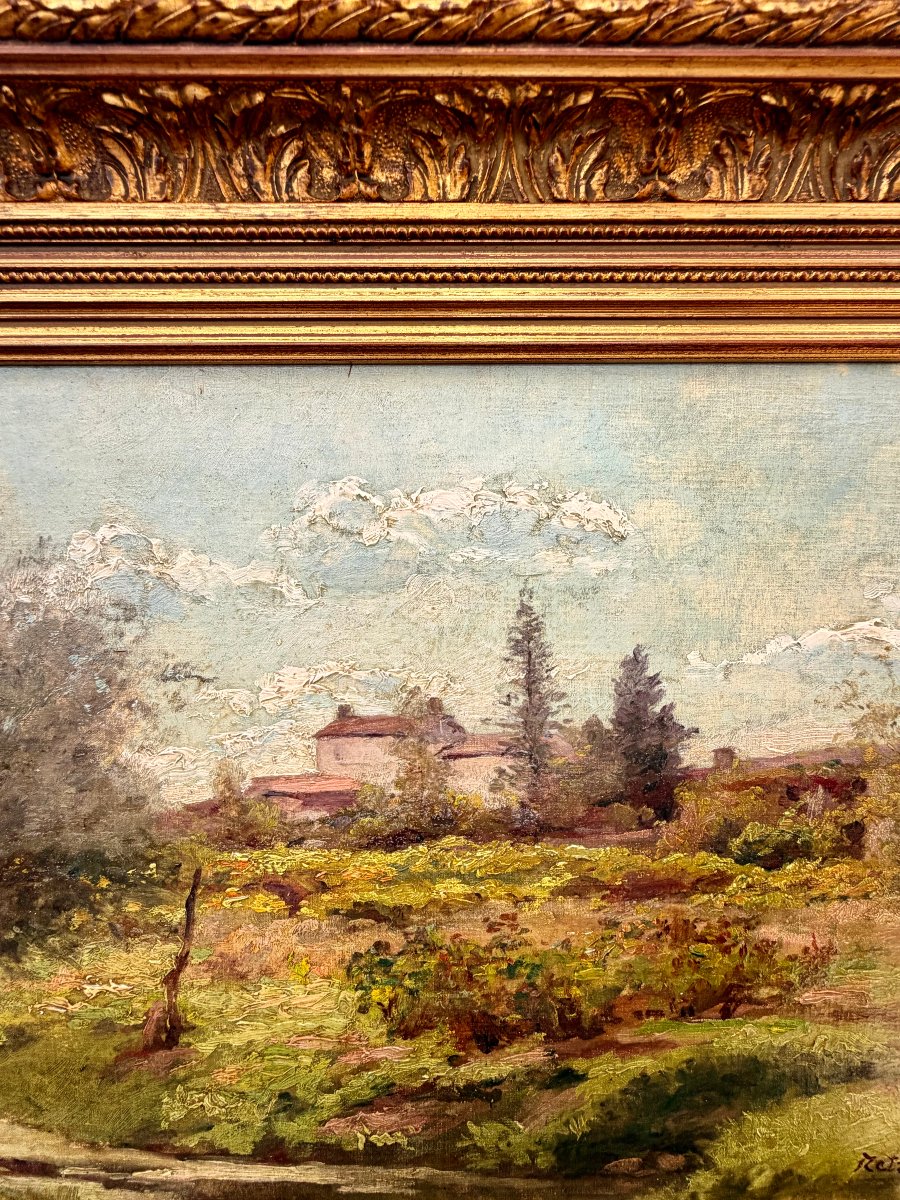 Landscape And Village Painting By E. De Retz -photo-2