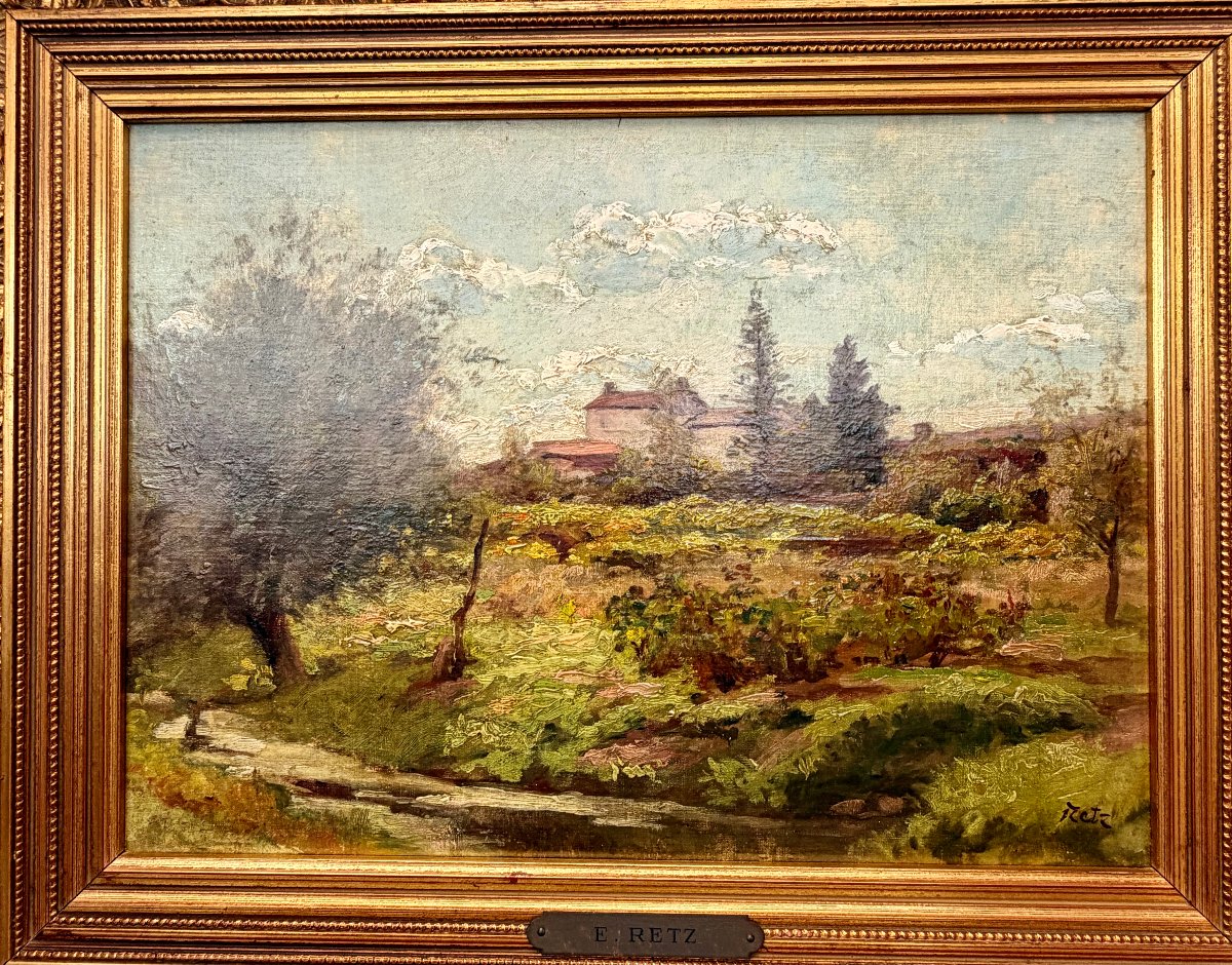 Landscape And Village Painting By E. De Retz -photo-3