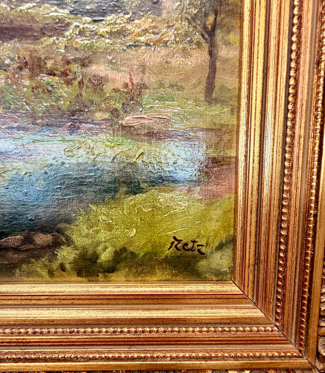 Landscape And Village Painting By E. De Retz -photo-4