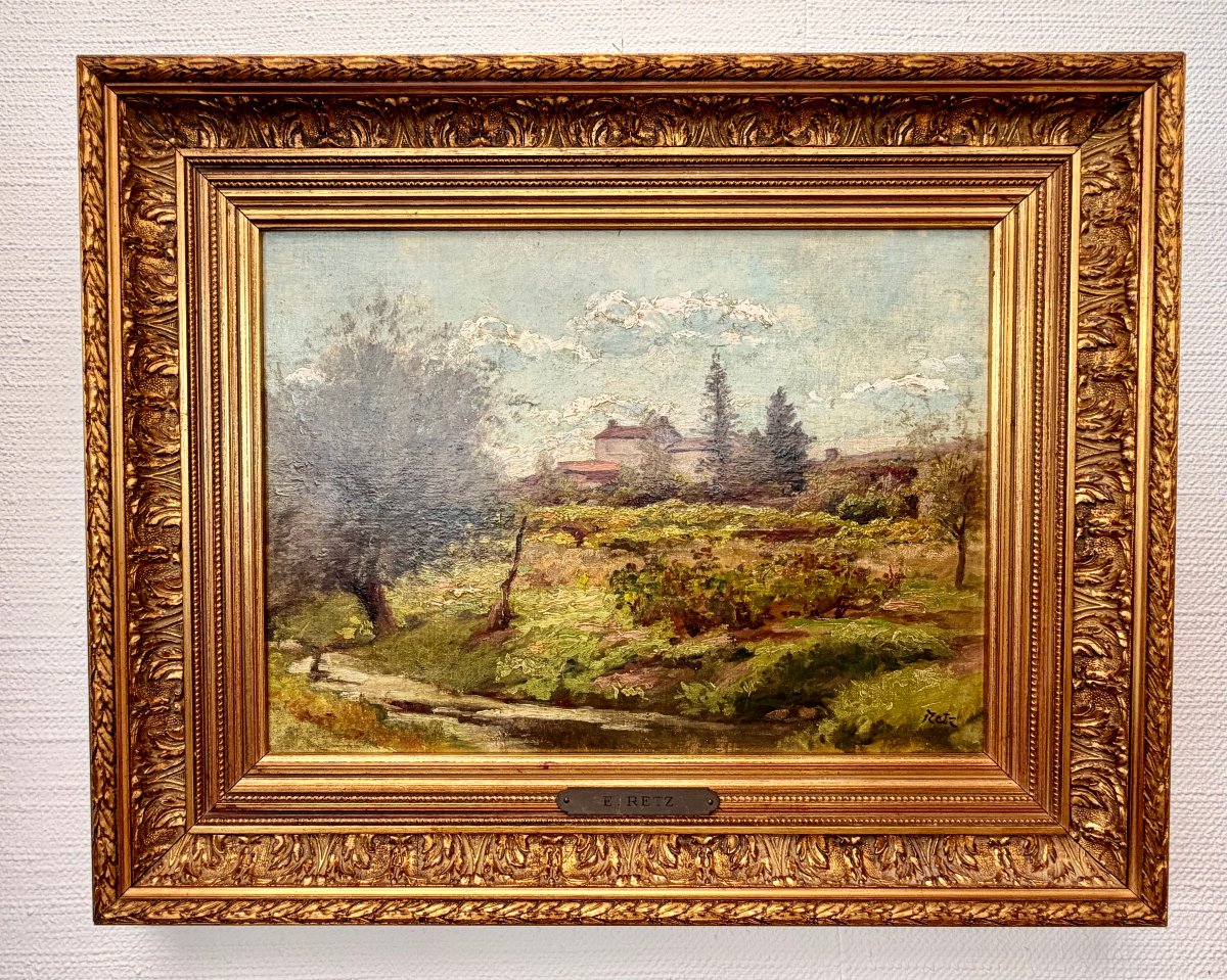 Landscape And Village Painting By E. De Retz 