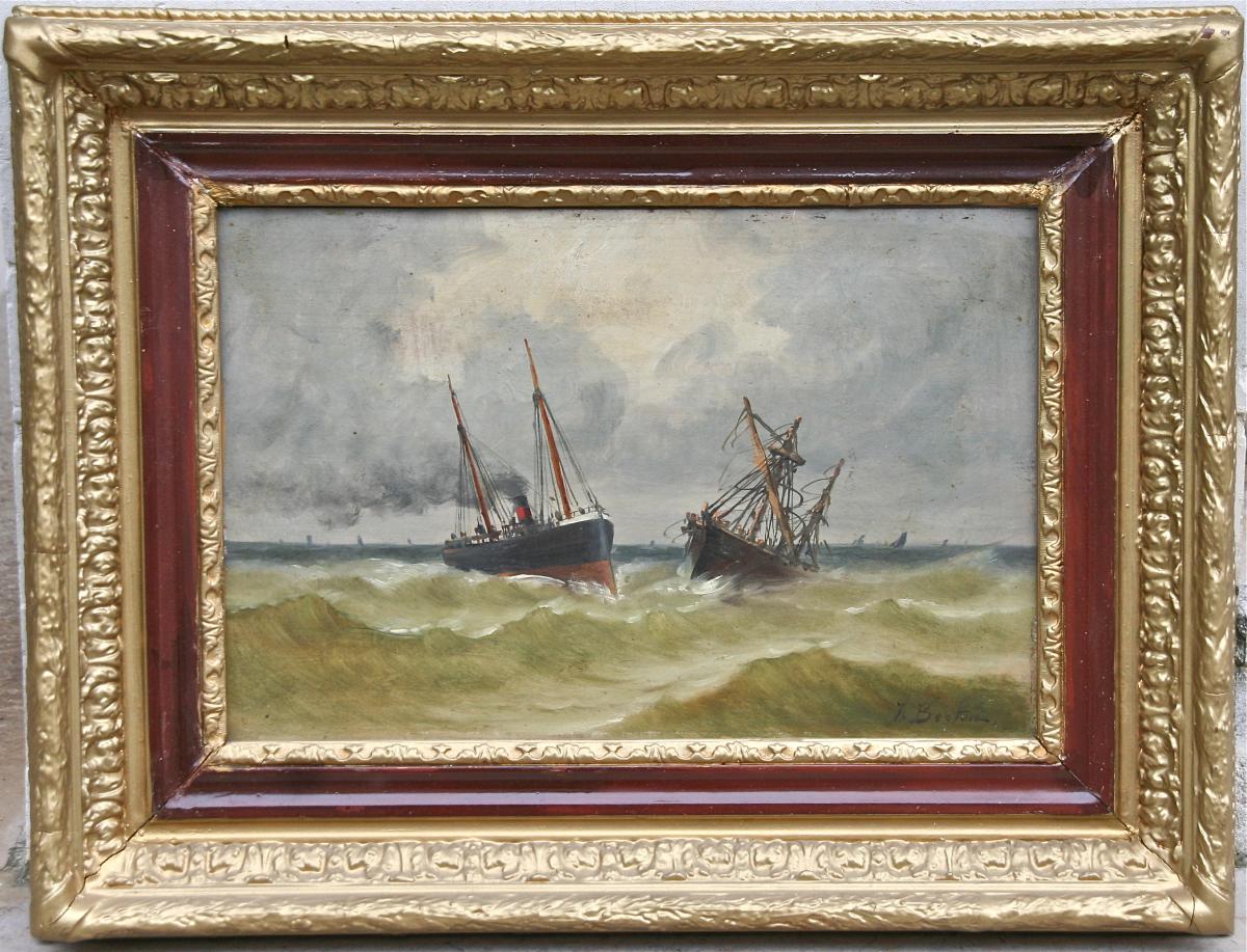 Huile Sur bois XIXème "bateaux Par Temps Agité"-photo-1