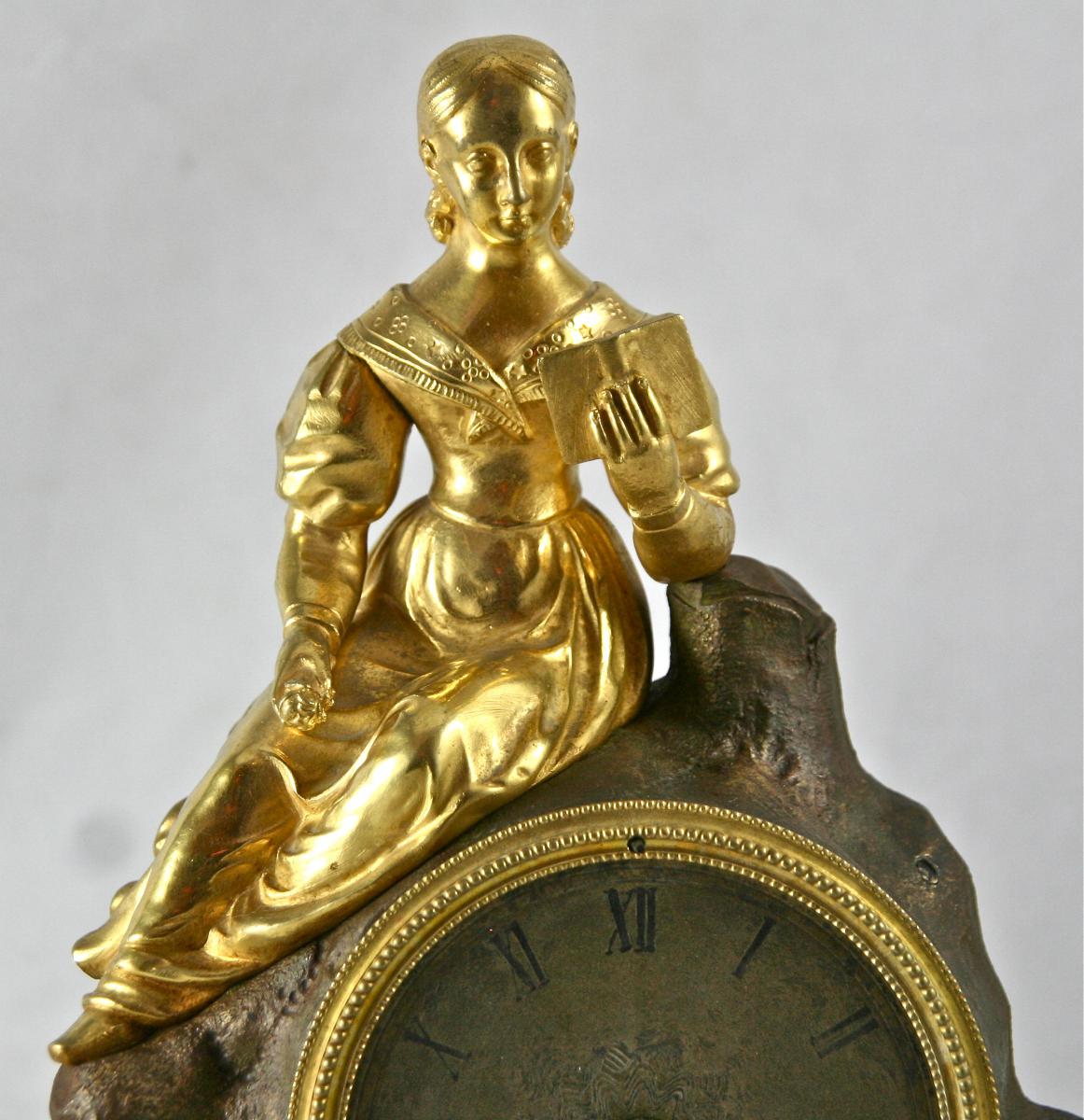 Pendule XIXème En Bronze Deux Tons, "femme En Lecture"-photo-2