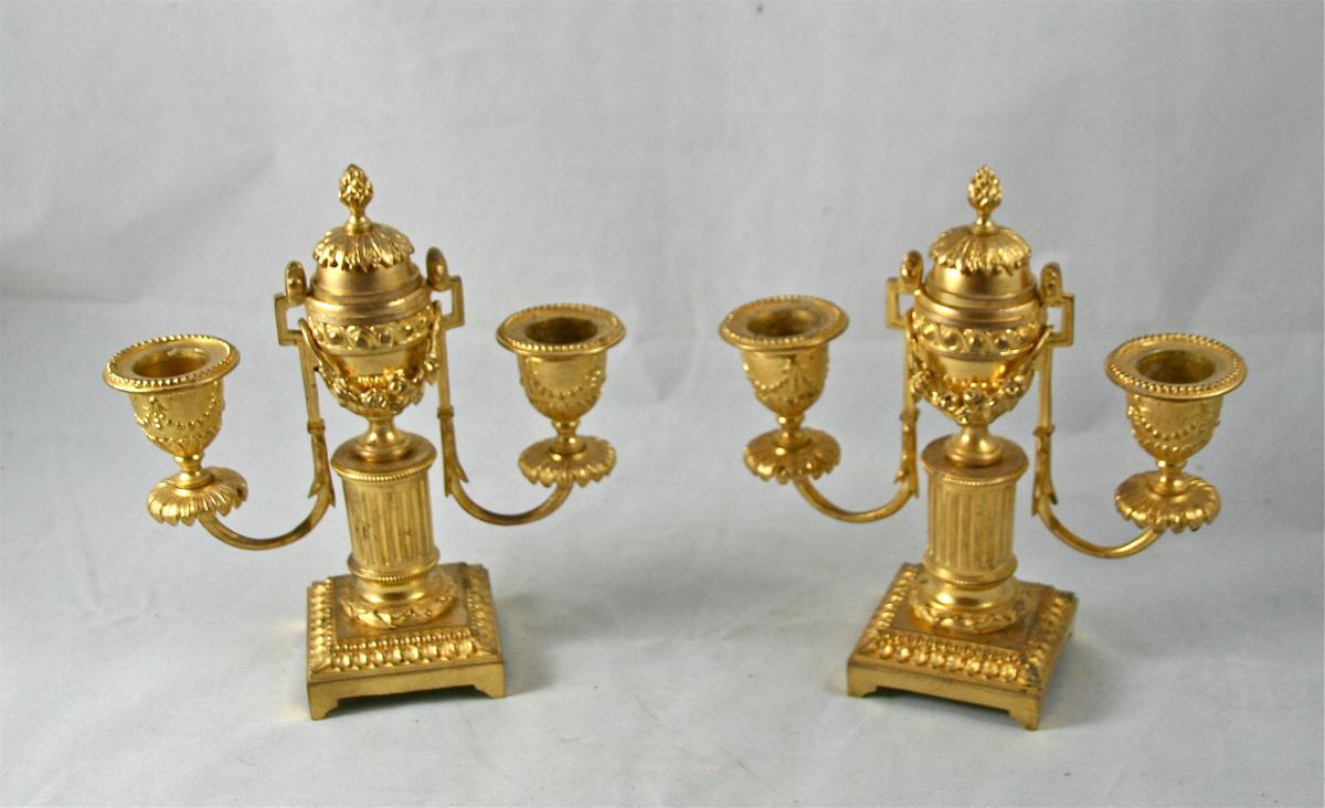 Pair Of Candlesticks Louis XVI Gilt Bronze-photo-1