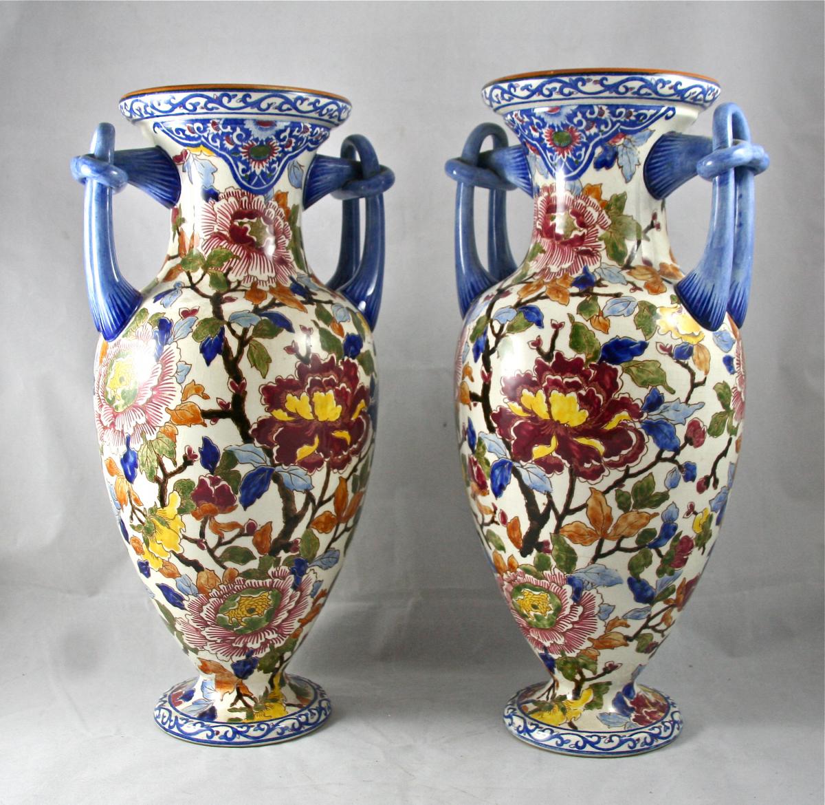 Paire De Vases XXème En Faience De Gien -photo-4