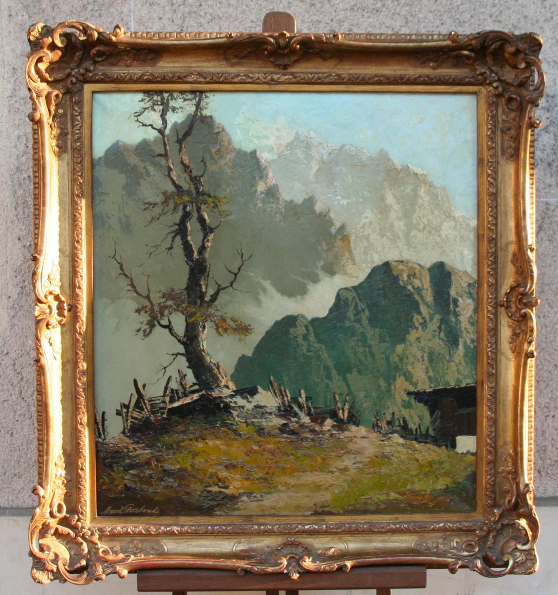 Oil On Canvas "landscape Of Mountains" Of Arnoh Fraboue