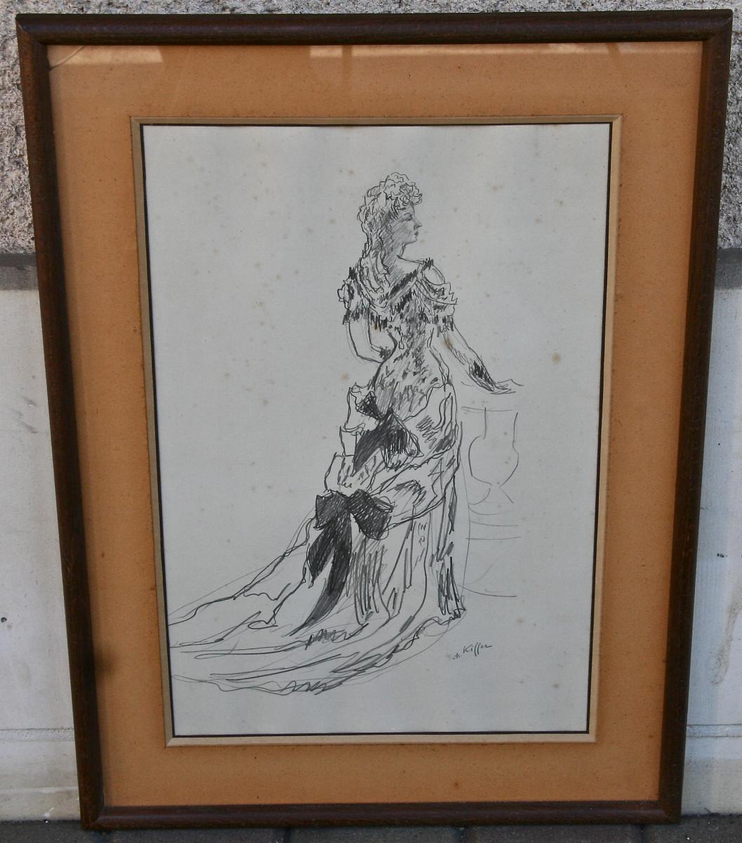 Drawing "young Woman In Dress Evening" From Charles Kiffer-photo-1