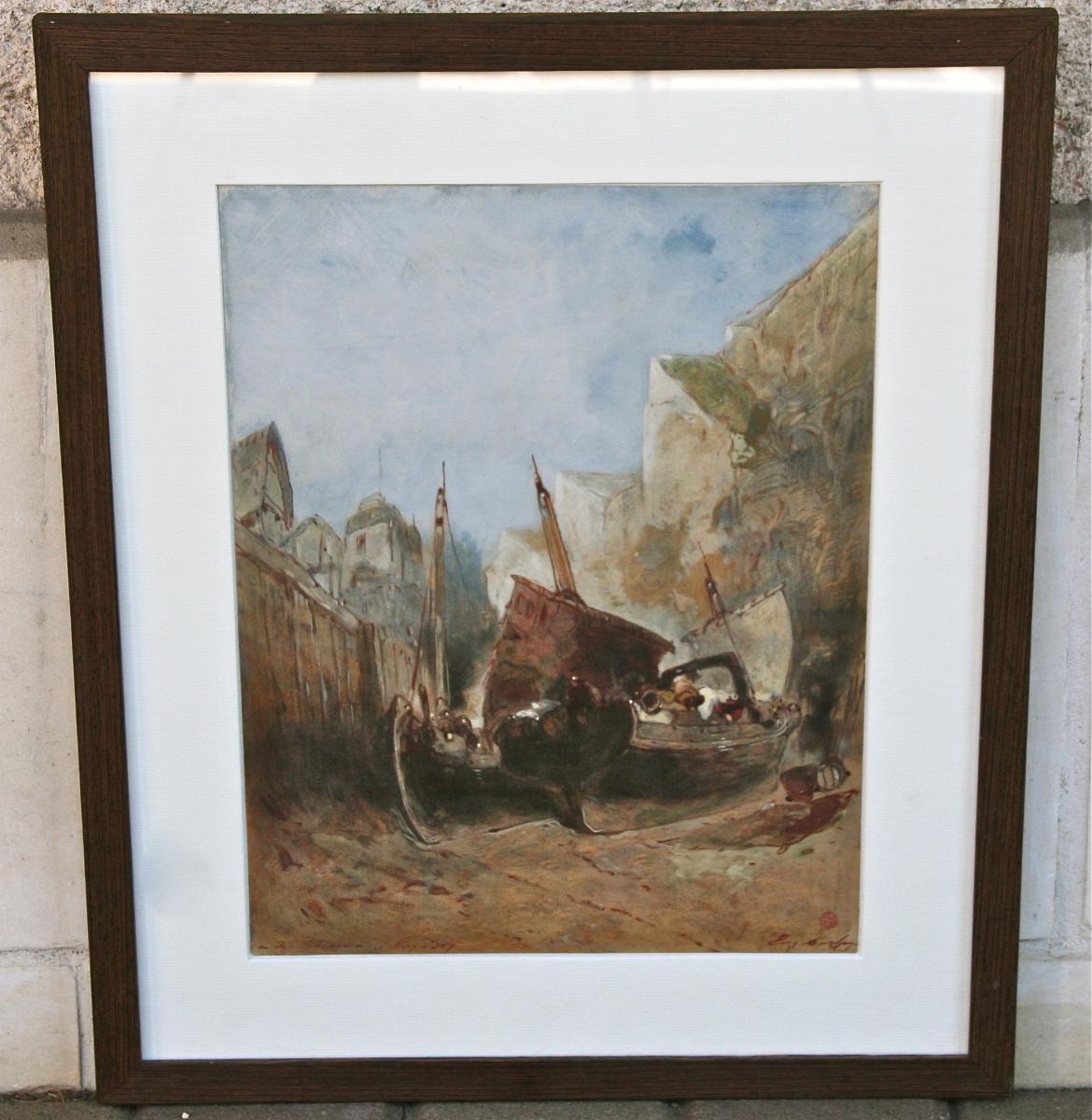 Watercolor "caulking Of The Ships" By Eugène Deshayes-photo-1