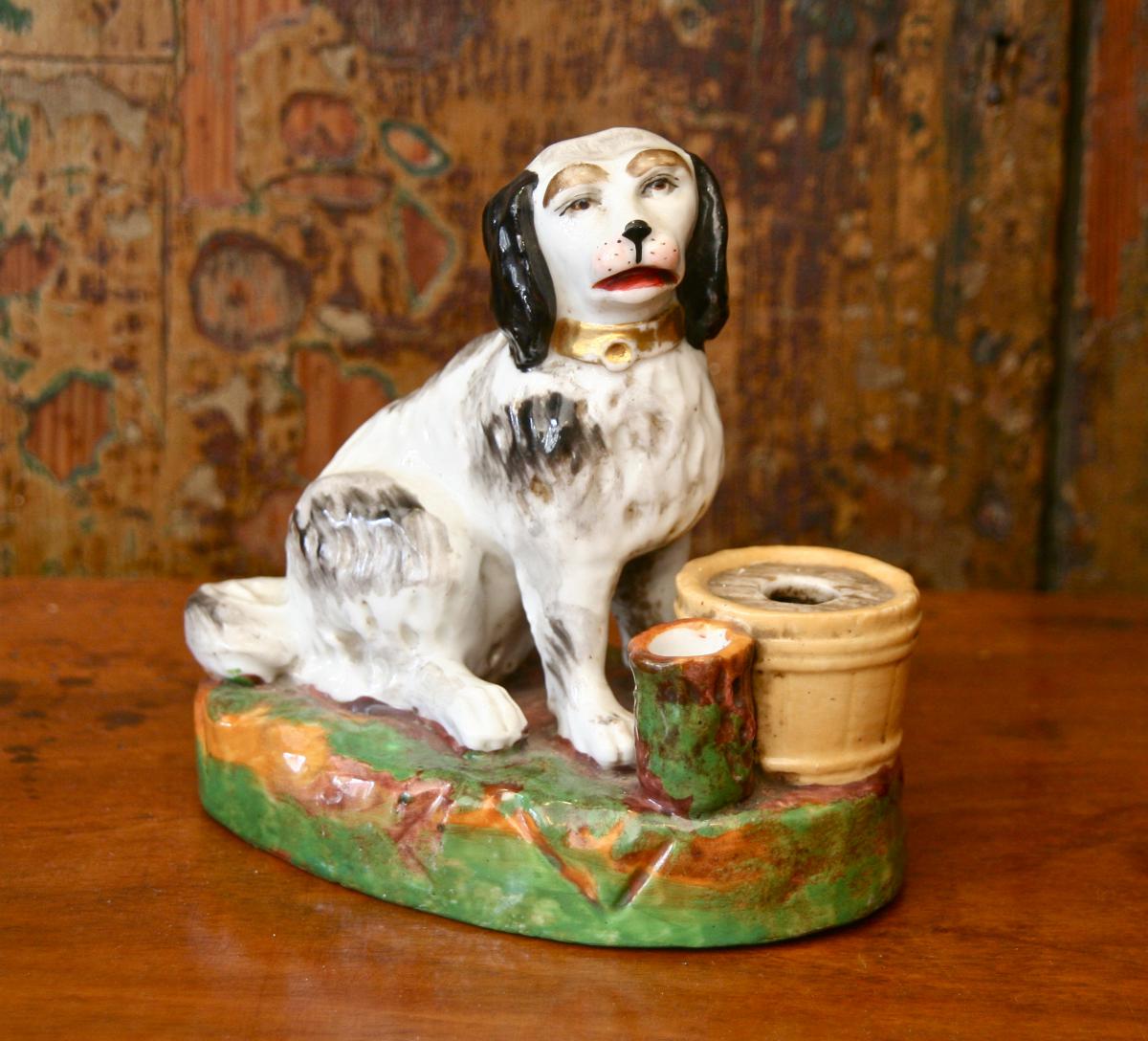 Encrier "Chien" XIXème En Porcelaine-photo-2