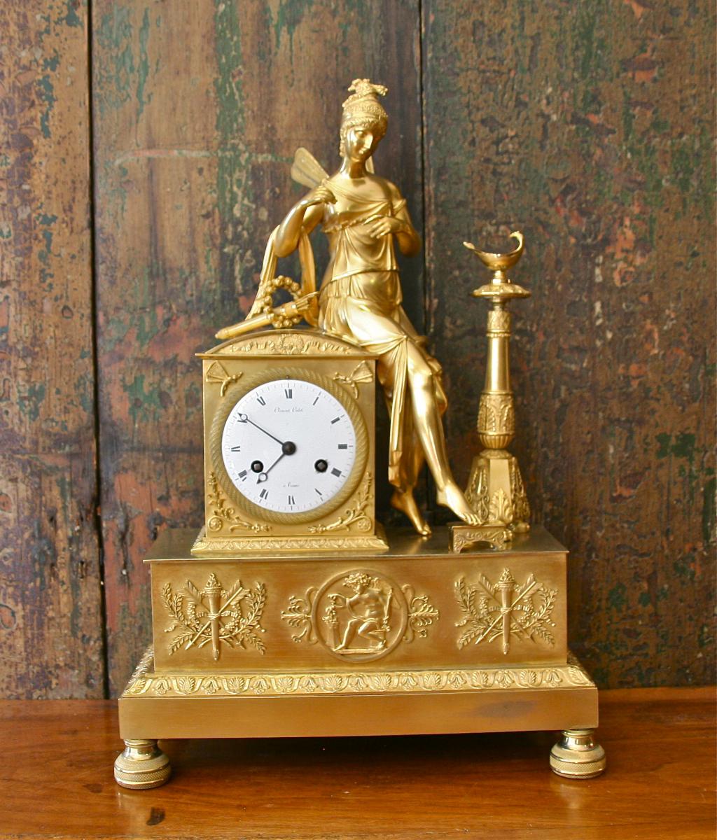 Pendulum XIXth In Golden Bronze "diane Chasseresse"-photo-2