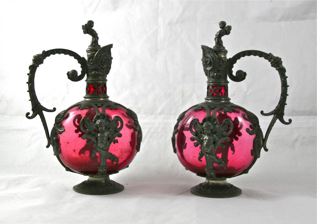 Pair Of Aiguières XIXème Renaissance Style Pewter And Glass Tinted