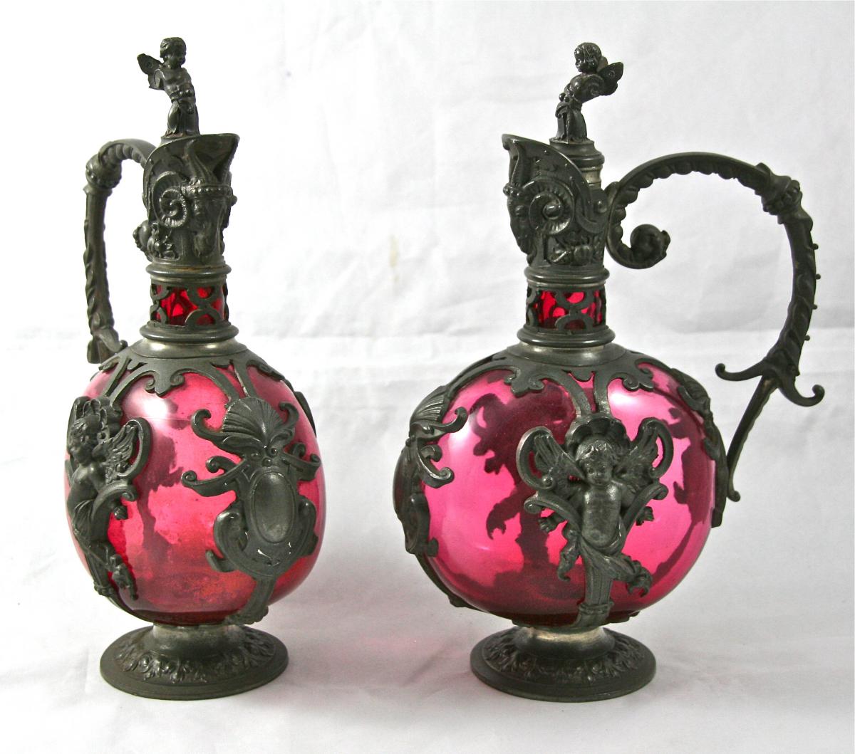Pair Of Aiguières XIXème Renaissance Style Pewter And Glass Tinted-photo-1