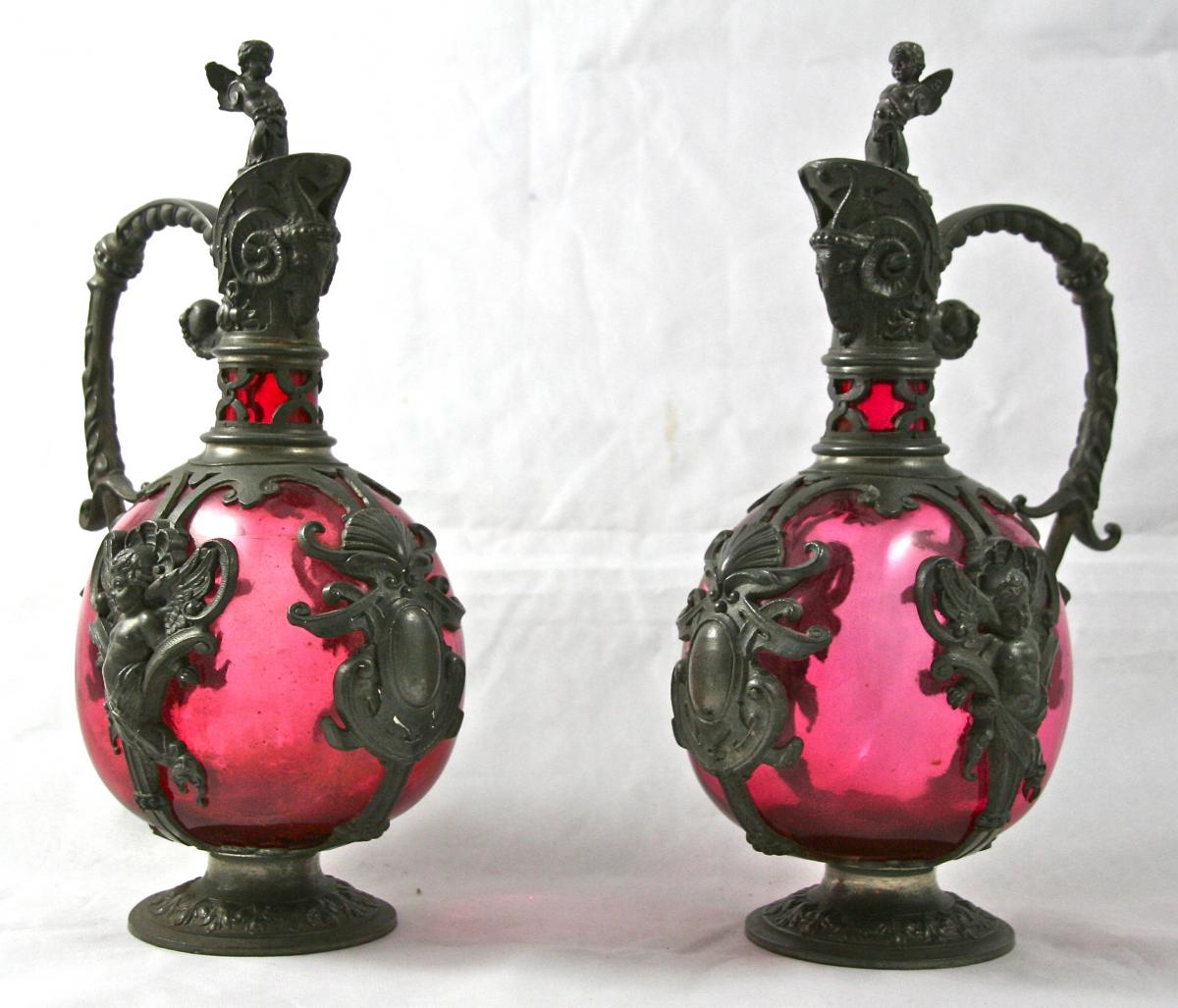 Pair Of Aiguières XIXème Renaissance Style Pewter And Glass Tinted-photo-5