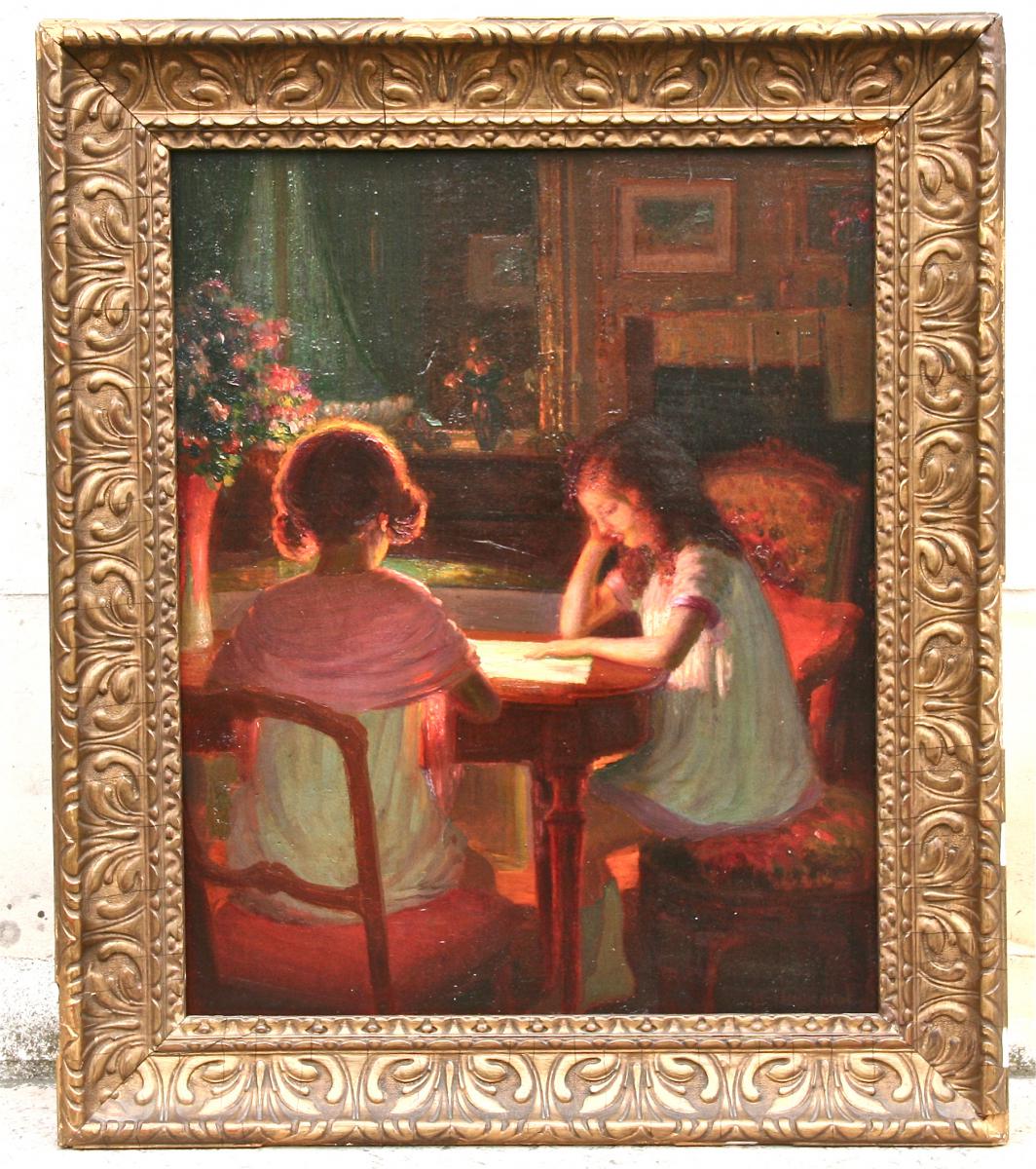 Painting Beginning Of The XXth Century "the Lesson Of The Children" By Henri Angeniol-photo-2