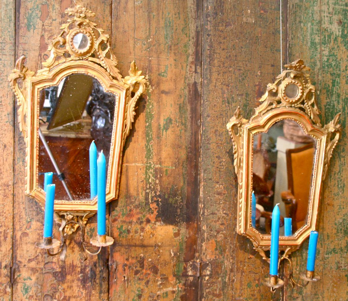 Paire De Miroir XVIIIème En Bois Doré Avec Porte Lumières-photo-1