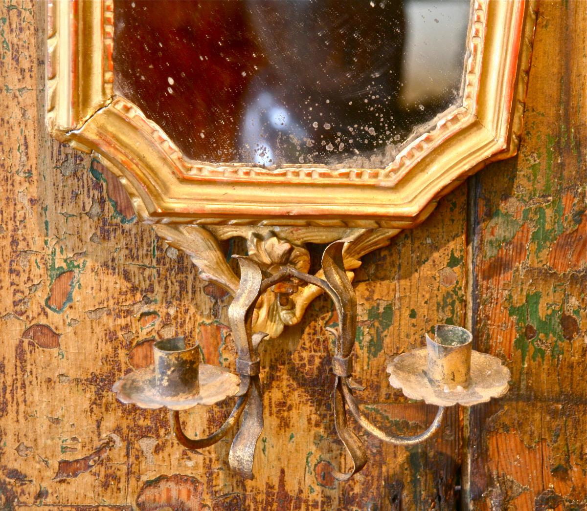 Paire De Miroir XVIIIème En Bois Doré Avec Porte Lumières-photo-8