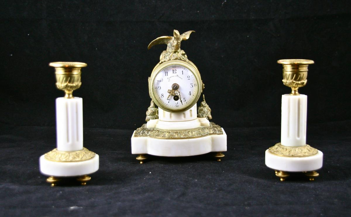 Pendulum And Candlesticks Nineteenth Marble Gilt Bronze Mount