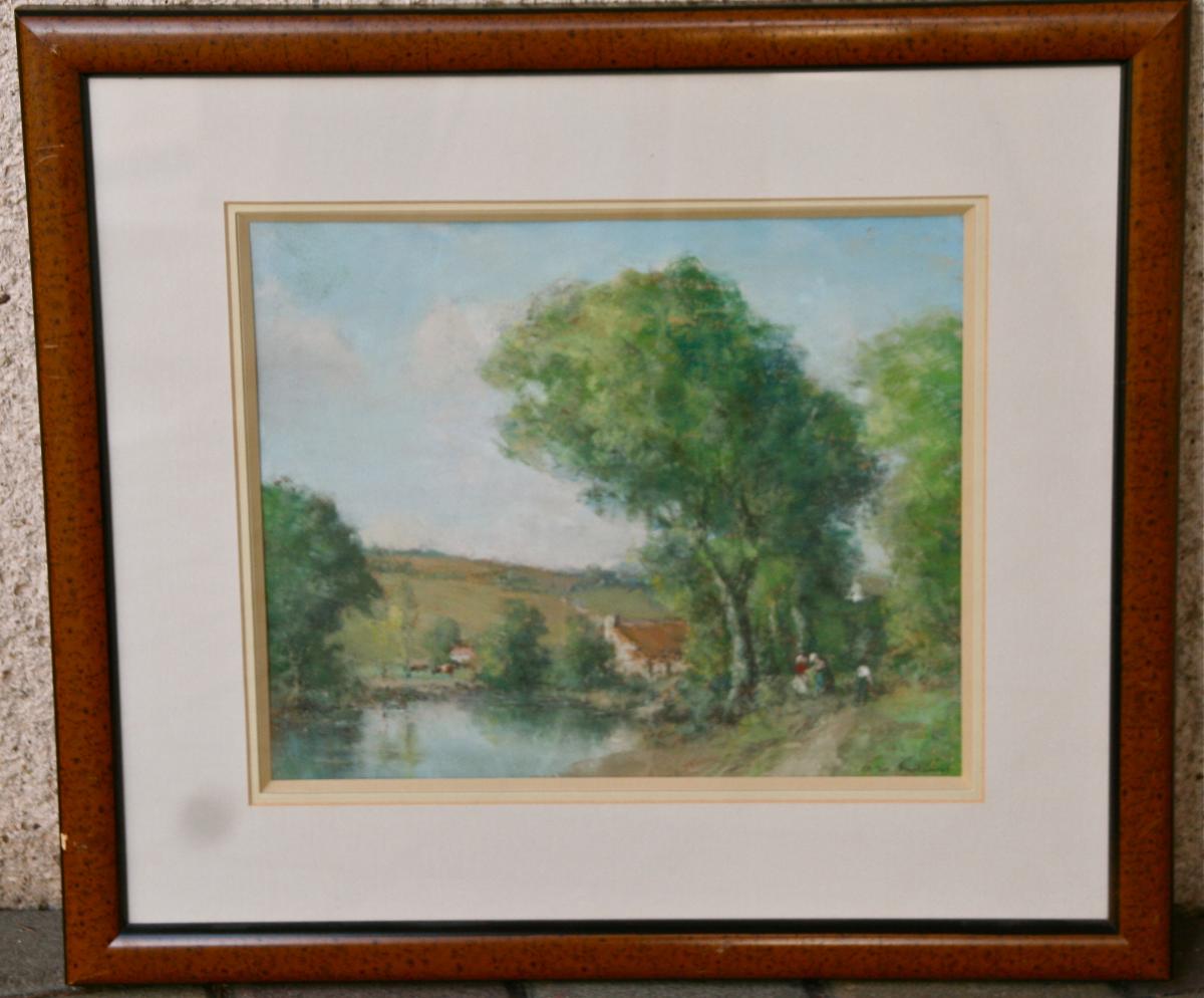 Pastel "paysage De Campagne Animé" Par André Des Fontaine