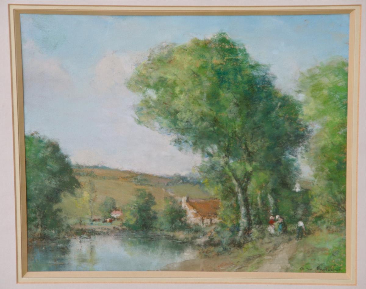 Pastel "paysage De Campagne Animé" Par André Des Fontaine-photo-2