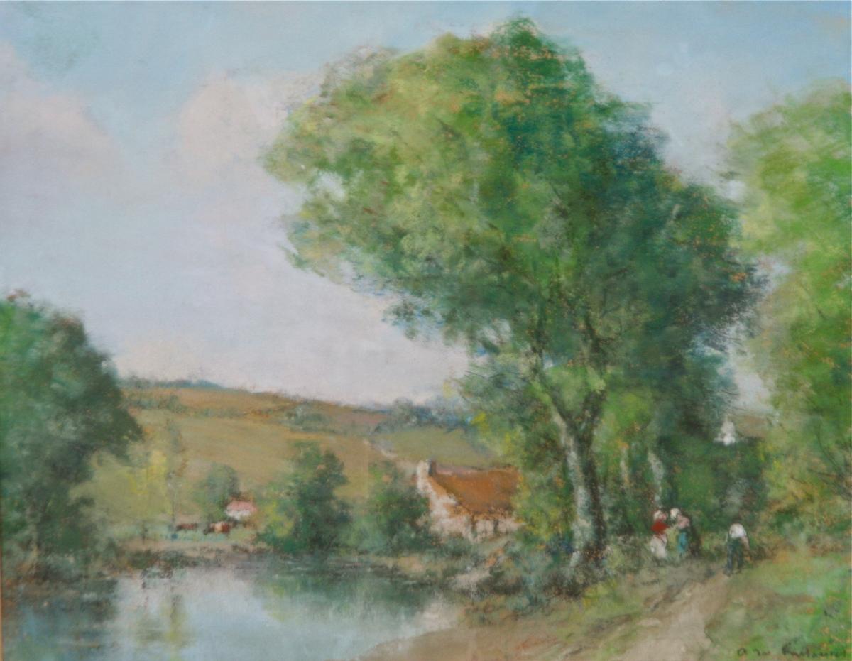 Pastel "paysage De Campagne Animé" Par André Des Fontaine-photo-3