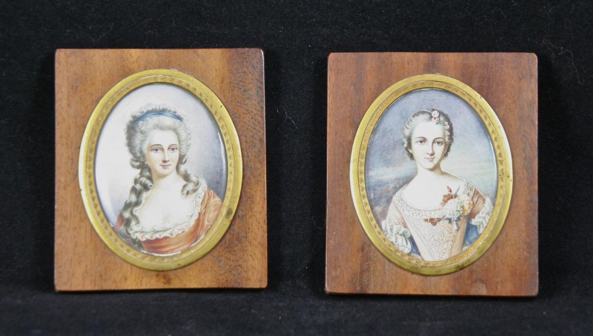 Pair Of Miniatures On Ivory Nineteenth "young Elegant"-photo-4