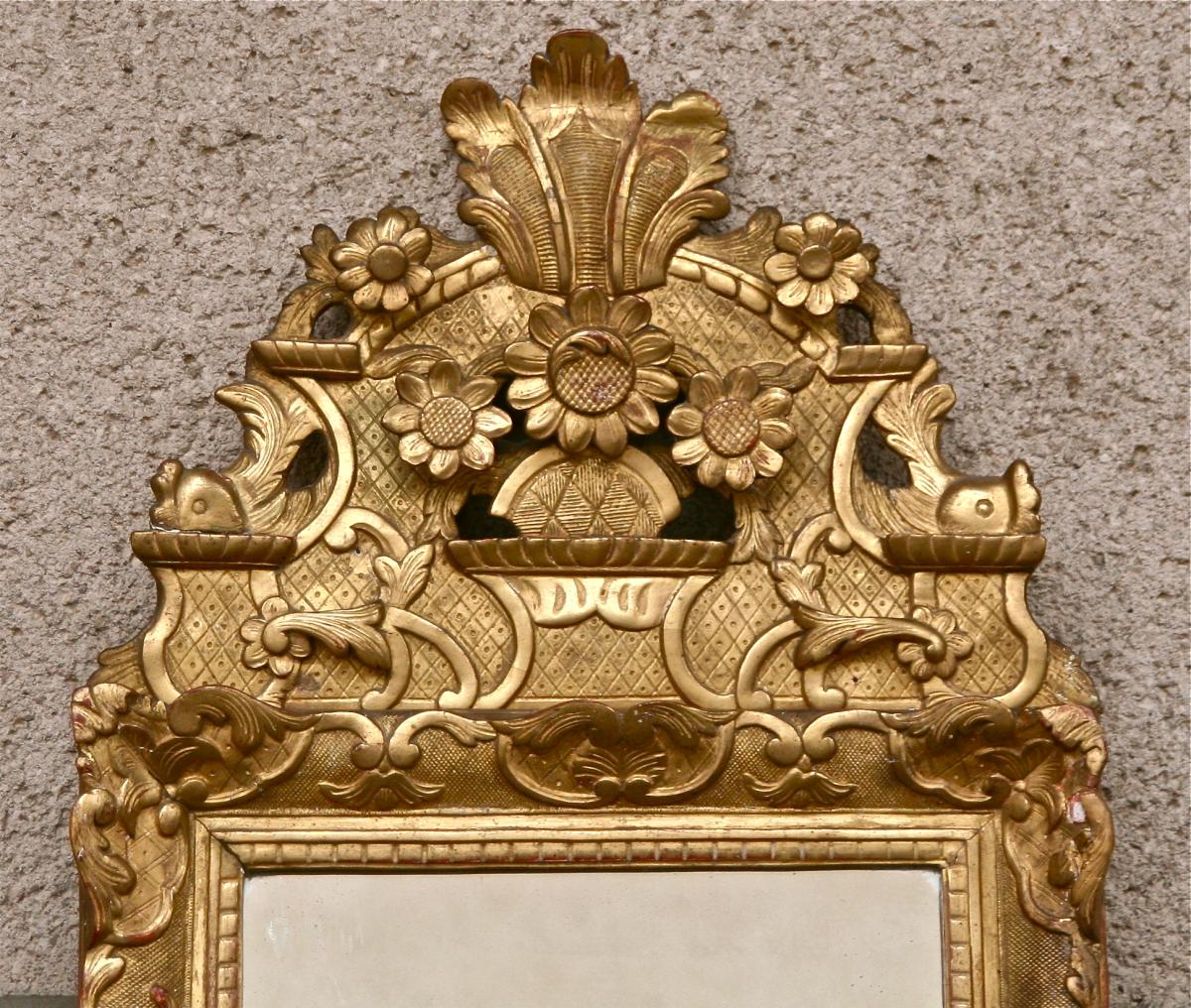 XVIIIth Louis XIV Mirror In Gilded Wood Fronton Ajouré-photo-2