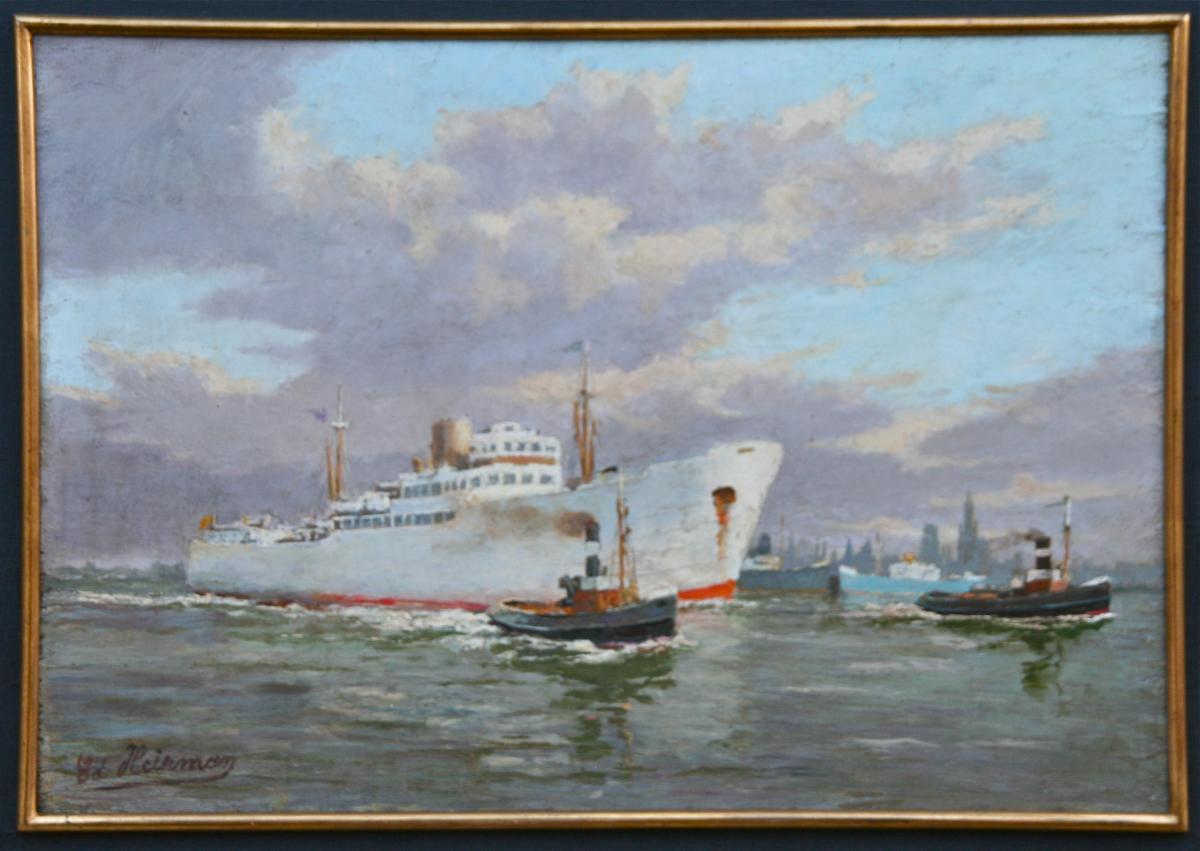 Peinture Début XXème "l'entrée Du Charleville Dans Le Port d'Anvers" Par Edmond Heirman-photo-3