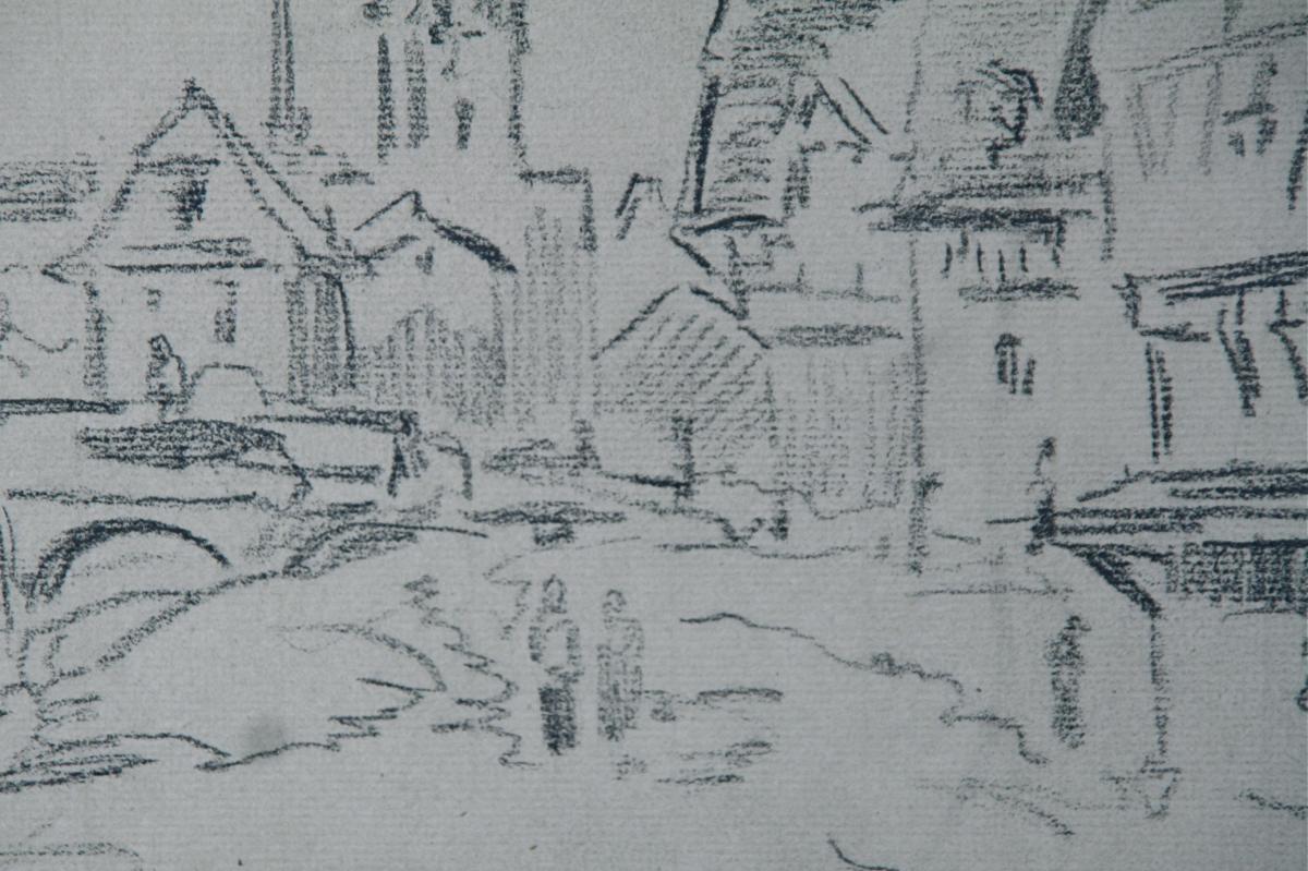 Dessin XIXème "village Normand" d'Eugène Isabey-photo-1