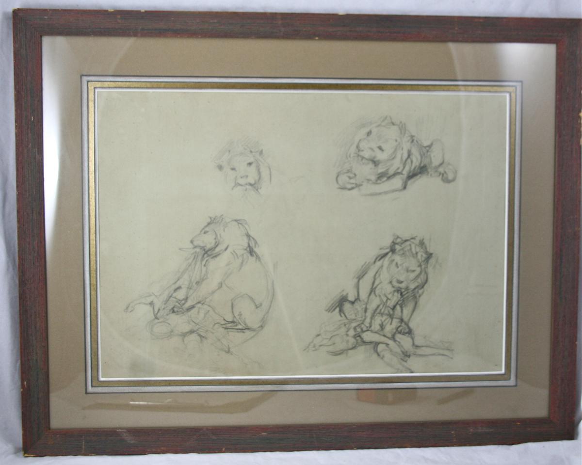 Drawing Of Victor Prouvé "lion Devouring An Antillope"-photo-3