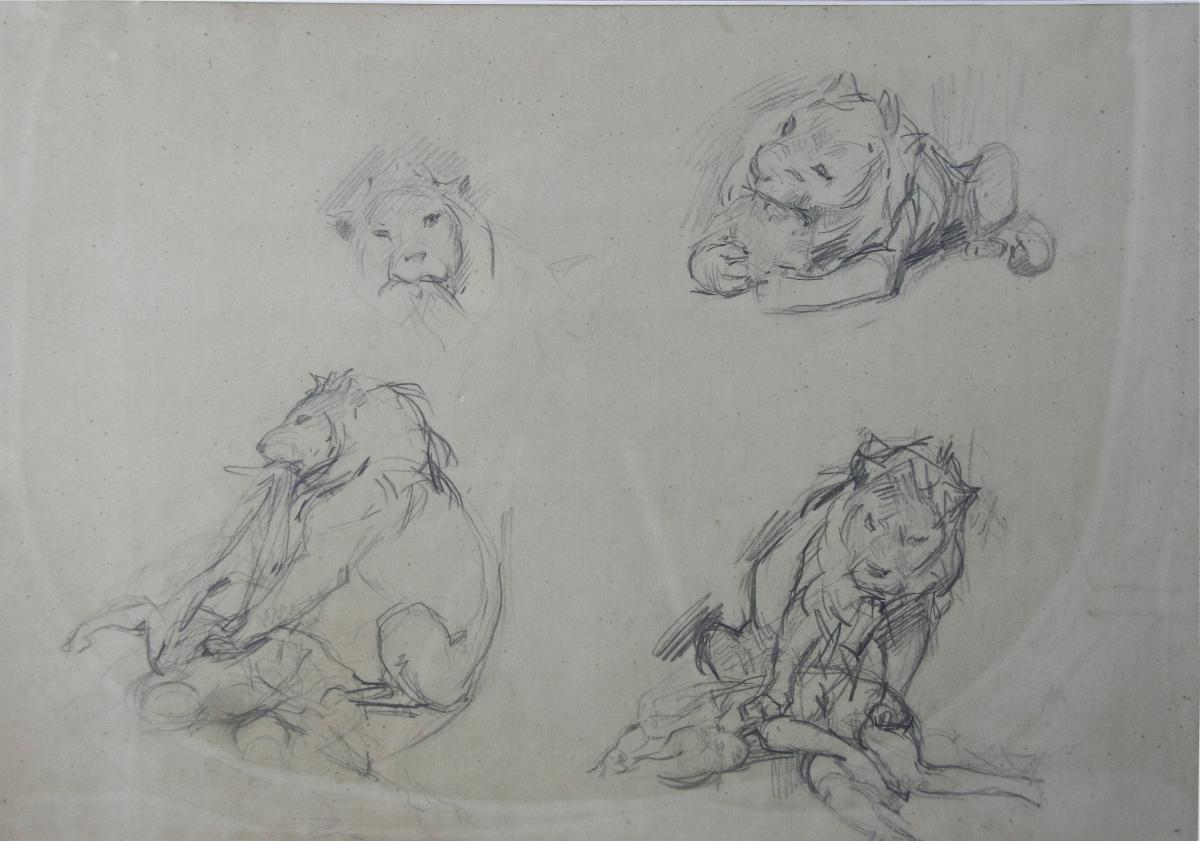 Drawing Of Victor Prouvé "lion Devouring An Antillope"-photo-1