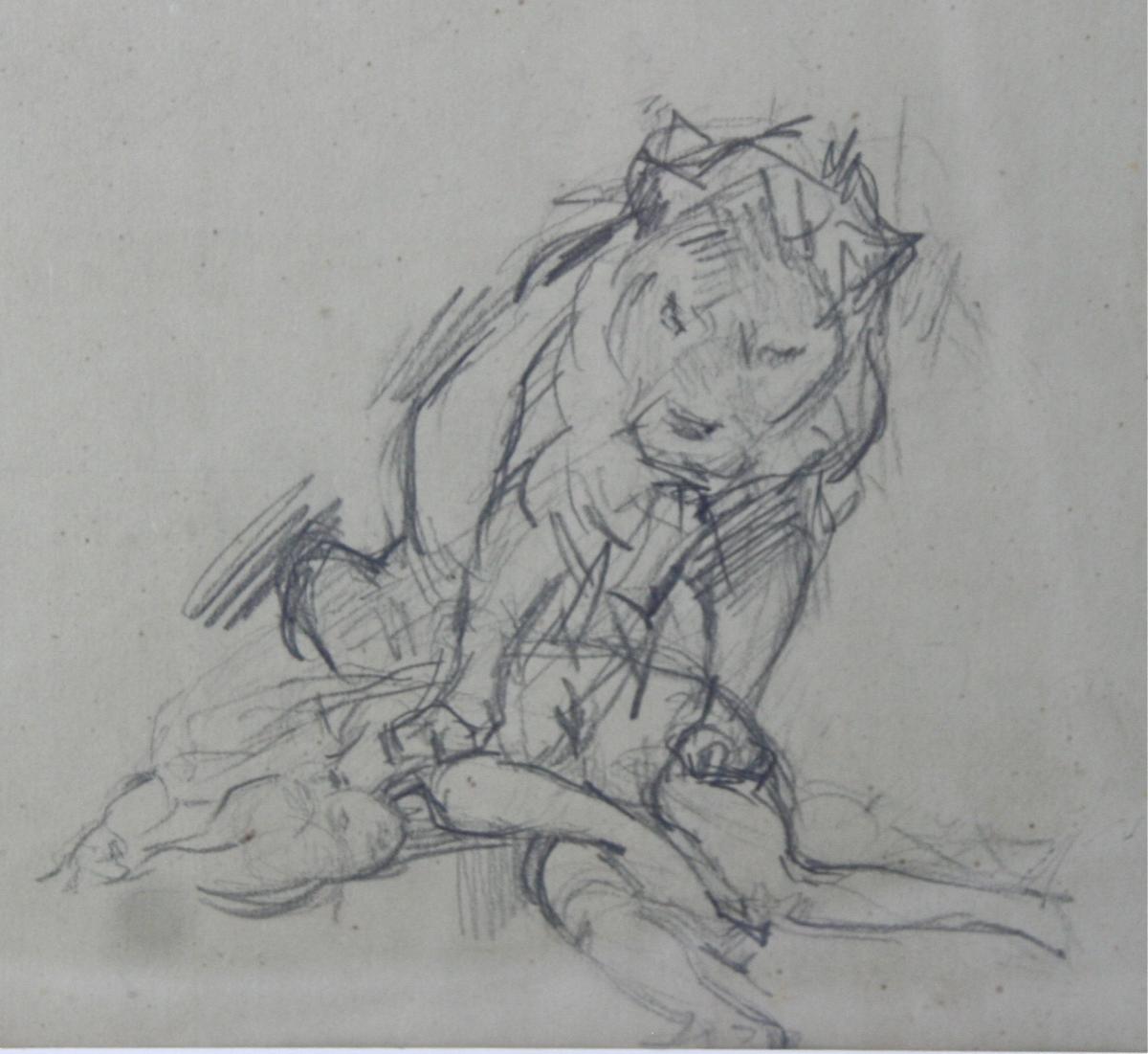 Drawing Of Victor Prouvé "lion Devouring An Antillope"-photo-2