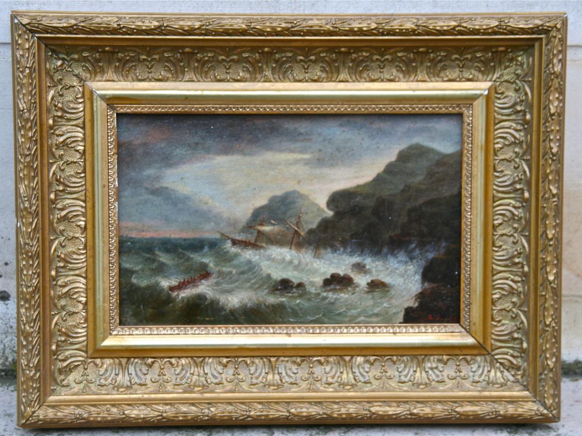 Peinture Marine Sur Panneau XIXème "bateaux Dans La Tempête"