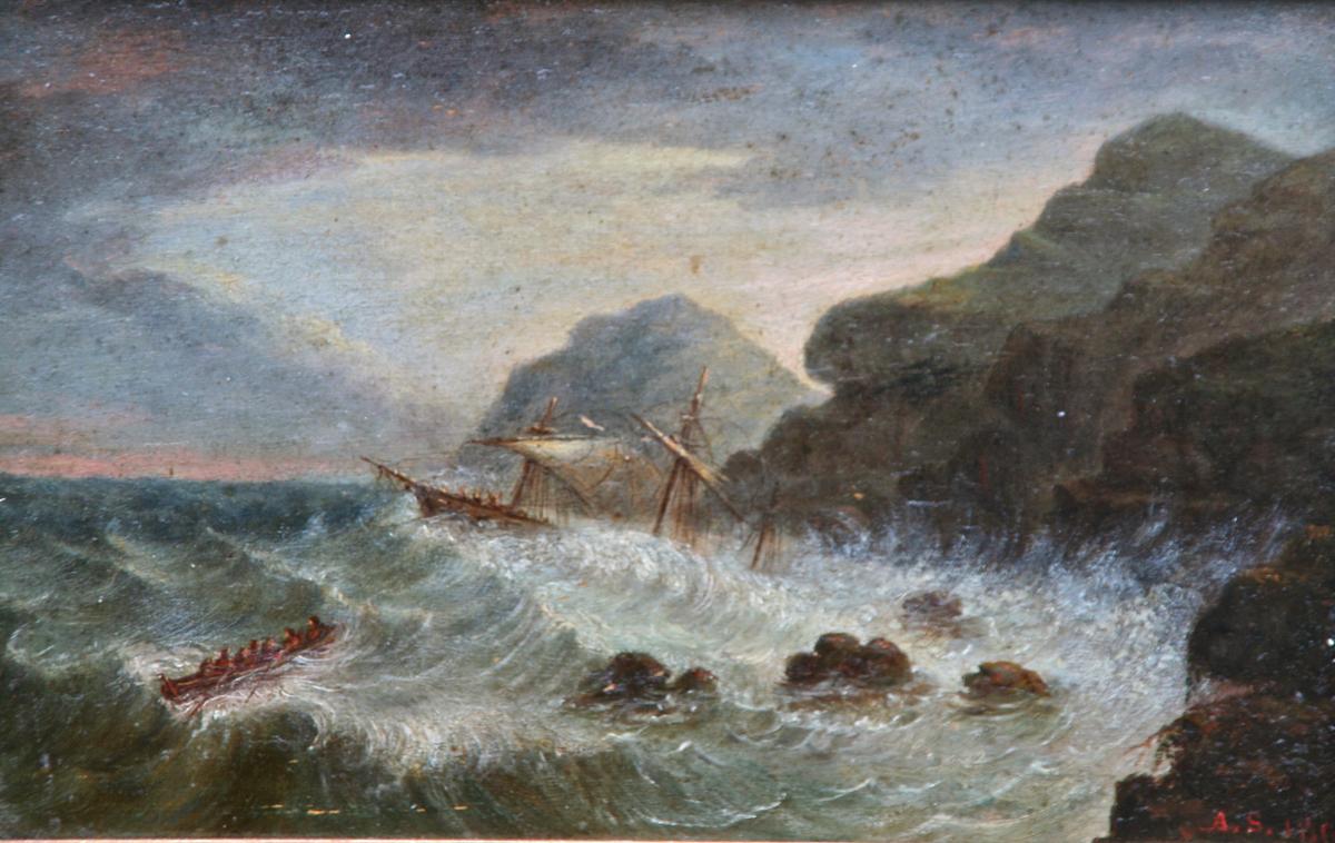 Peinture Marine Sur Panneau XIXème "bateaux Dans La Tempête"-photo-2