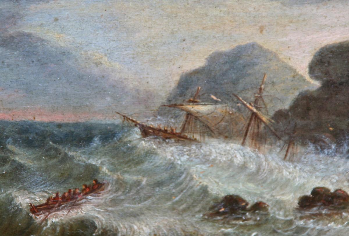 Peinture Marine Sur Panneau XIXème "bateaux Dans La Tempête"-photo-3