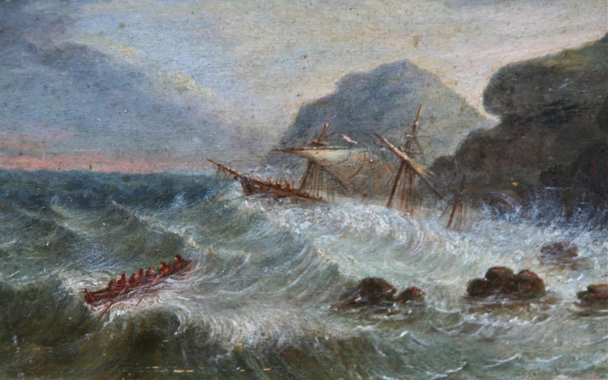 Peinture Marine Sur Panneau XIXème "bateaux Dans La Tempête"-photo-1