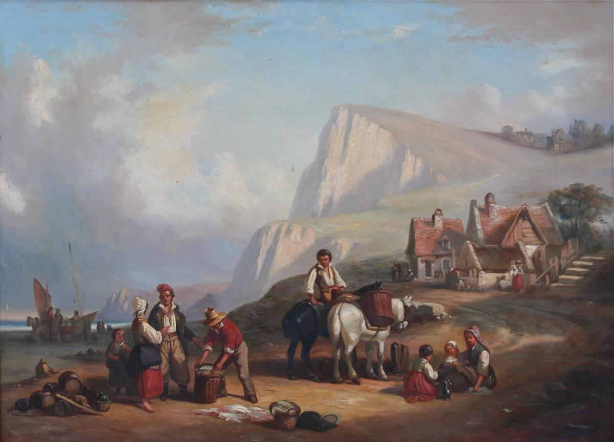 Peinture XIXème "retour De Pêche En Normandie"-photo-2