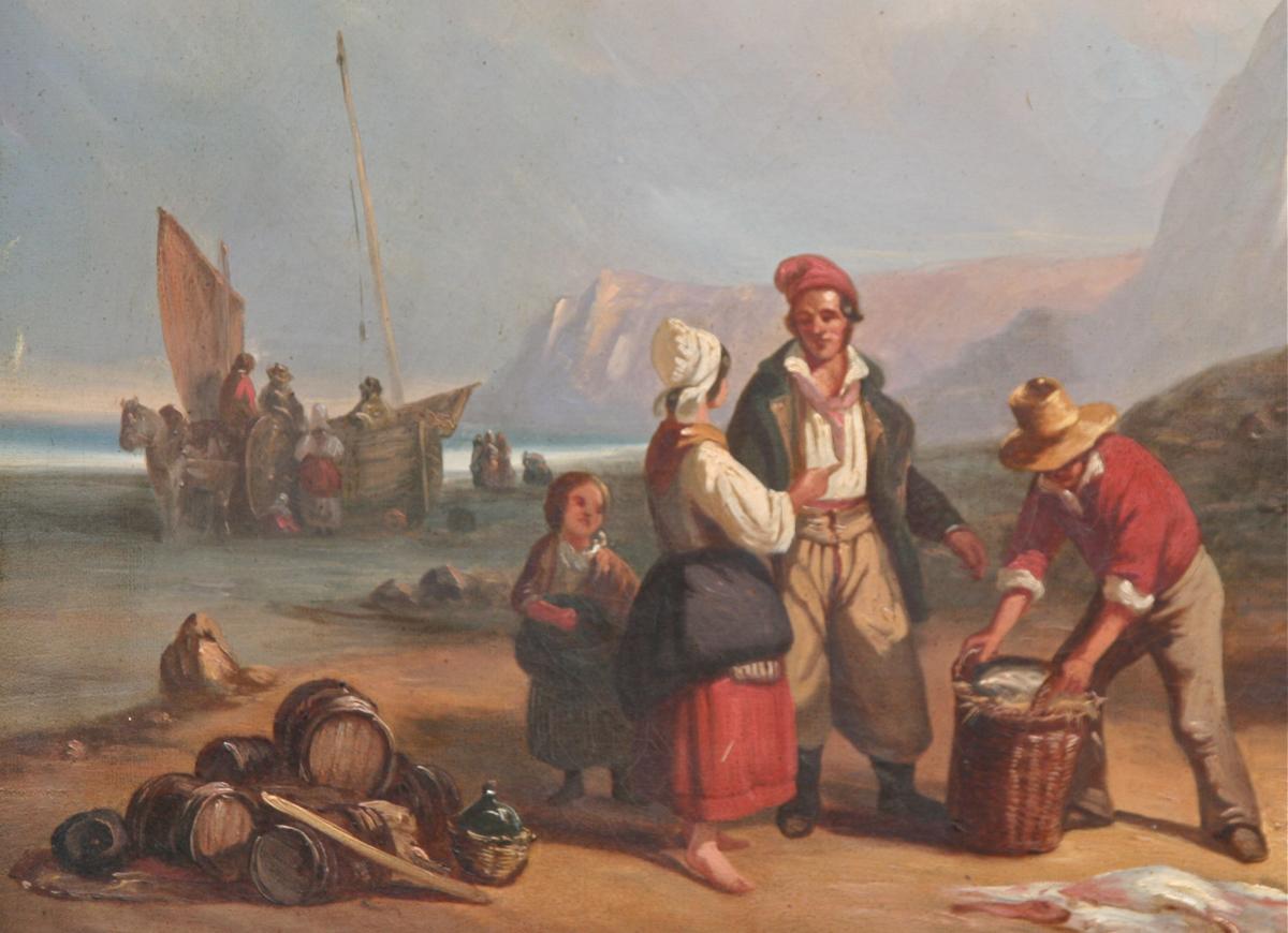 Peinture XIXème "retour De Pêche En Normandie"-photo-4