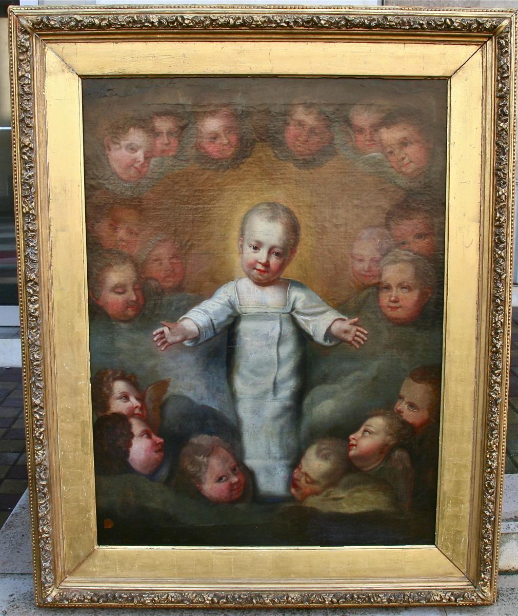 Peinture XVIIIème," Enfant Au Paradis Parmi Les Anges"-photo-2