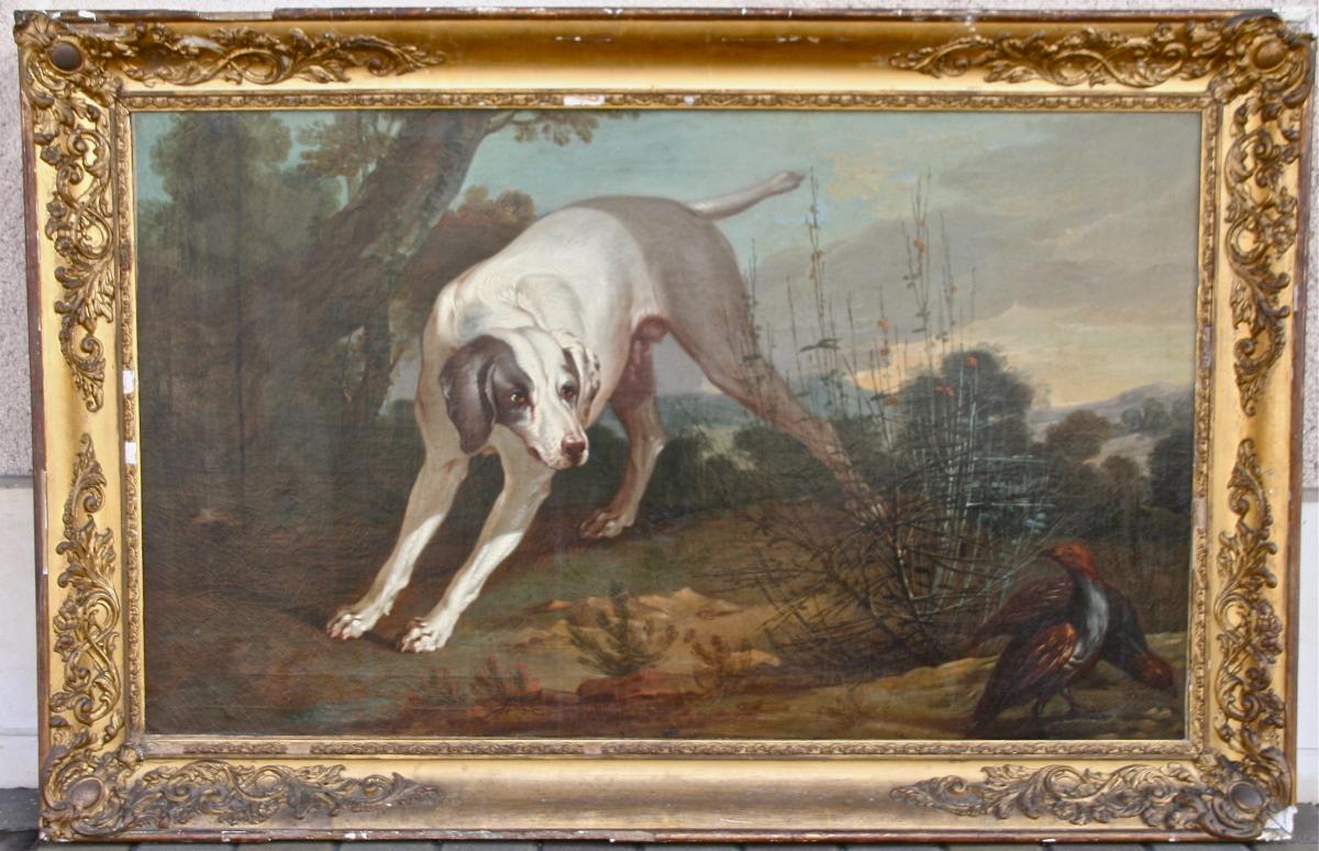 Painting XVIII "dog With The Stop" Attributed To Jb Oudry