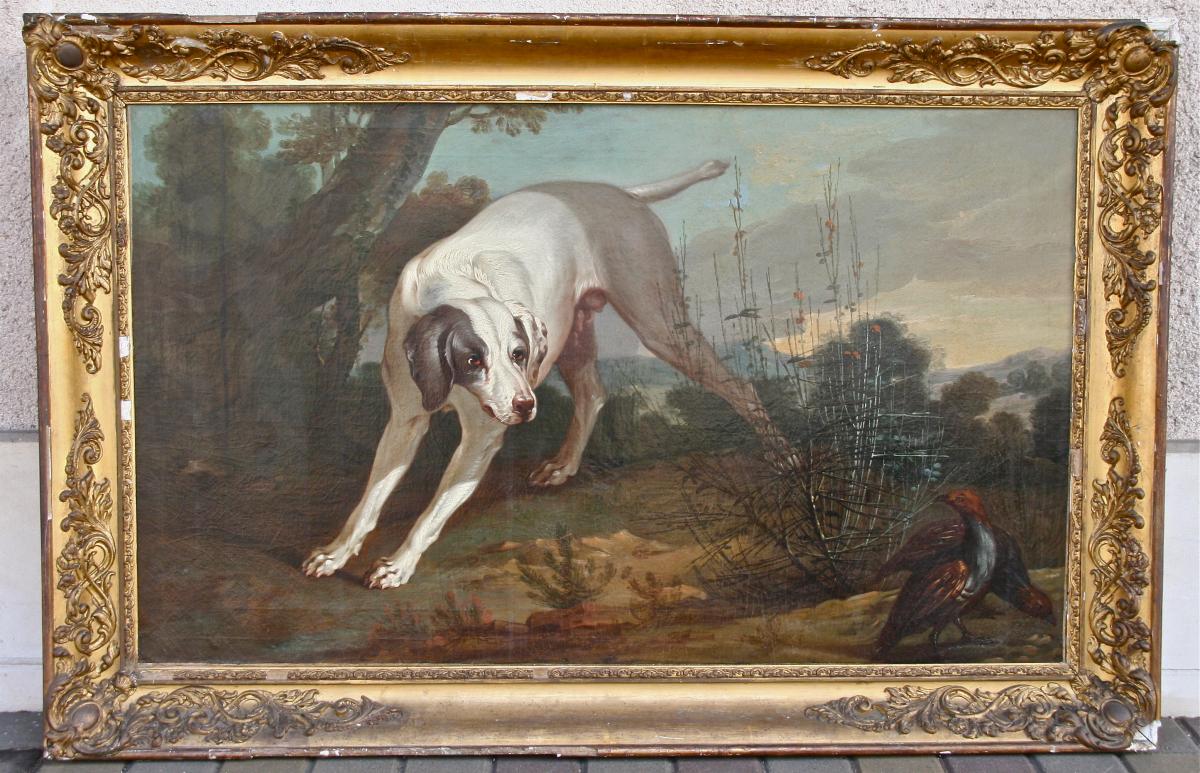 Painting XVIII "dog With The Stop" Attributed To Jb Oudry-photo-1