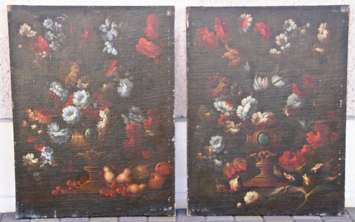 Paire De Peinture XVIIème "natures Mortes Aux Bouquets De Fleurs"-photo-2